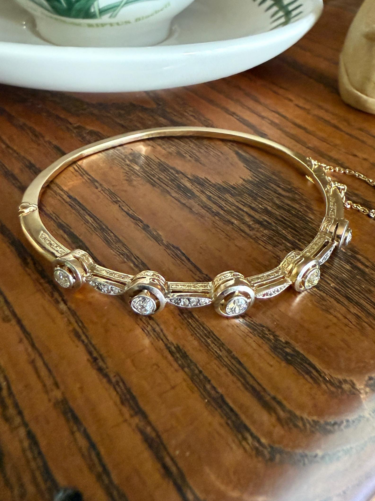 ANTIQUE 1 Carat Rose Old Mine Cut DIAMOND BANGLE Bracelet Hinged Engraved Halo Setting Yellow Champagne White Linear