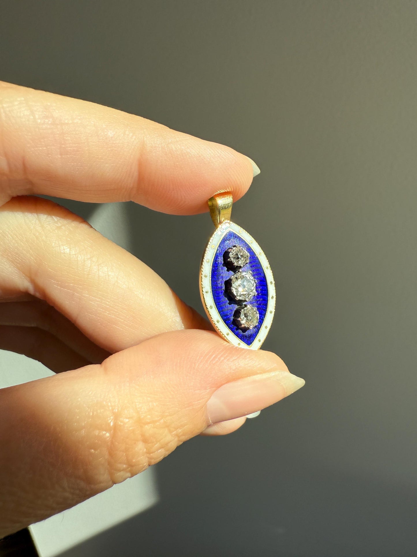 STARS Au Firmament .83 Carat Tdw Old Mine Cut DIAMOND Blue Enamel White Halo Marquise Pendant Victorian Antique 18k Gold Silver Collet