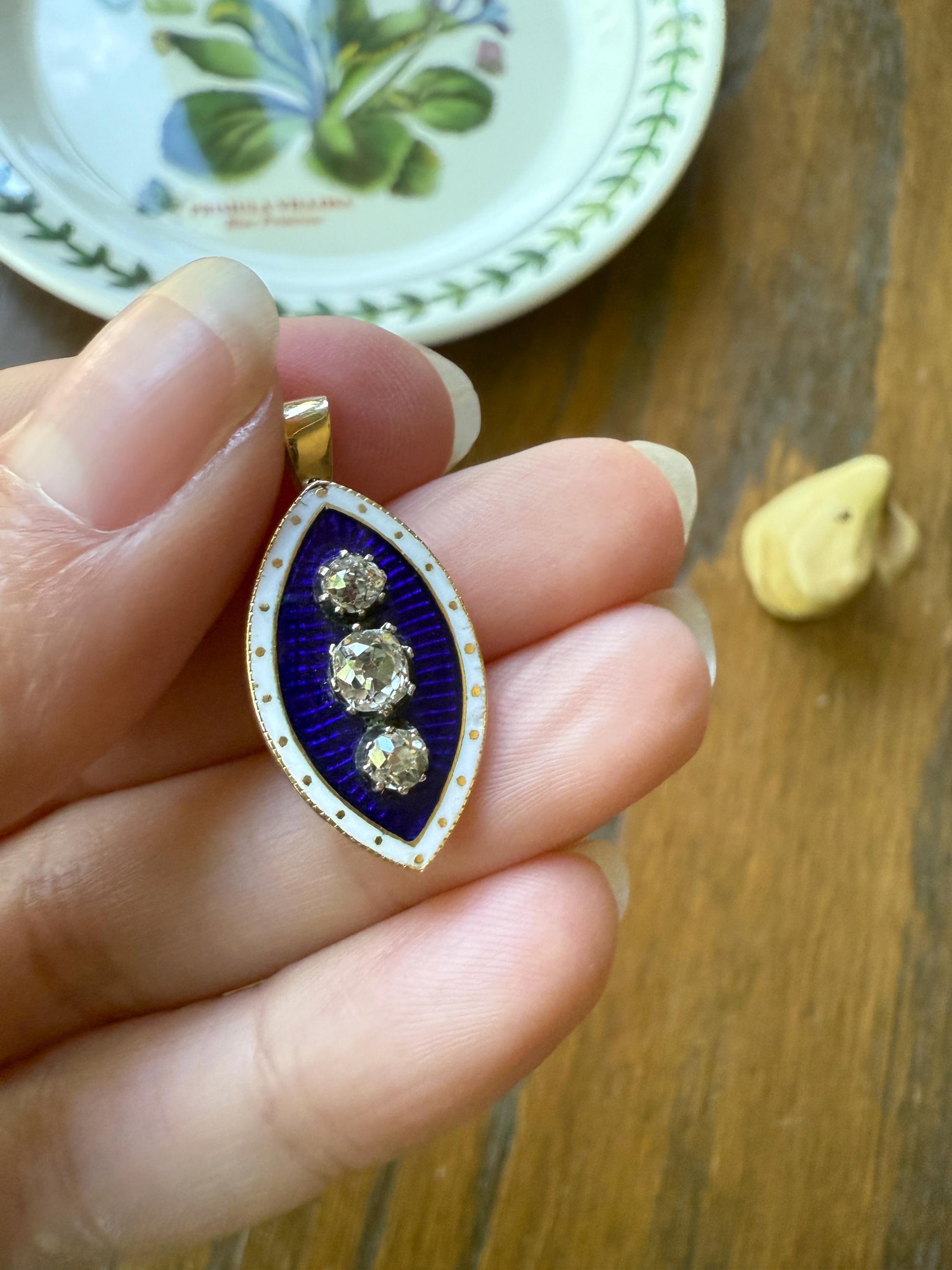 STARS Au Firmament .83 Carat Tdw Old Mine Cut DIAMOND Blue Enamel White Halo Marquise Pendant Victorian Antique 18k Gold Silver Collet