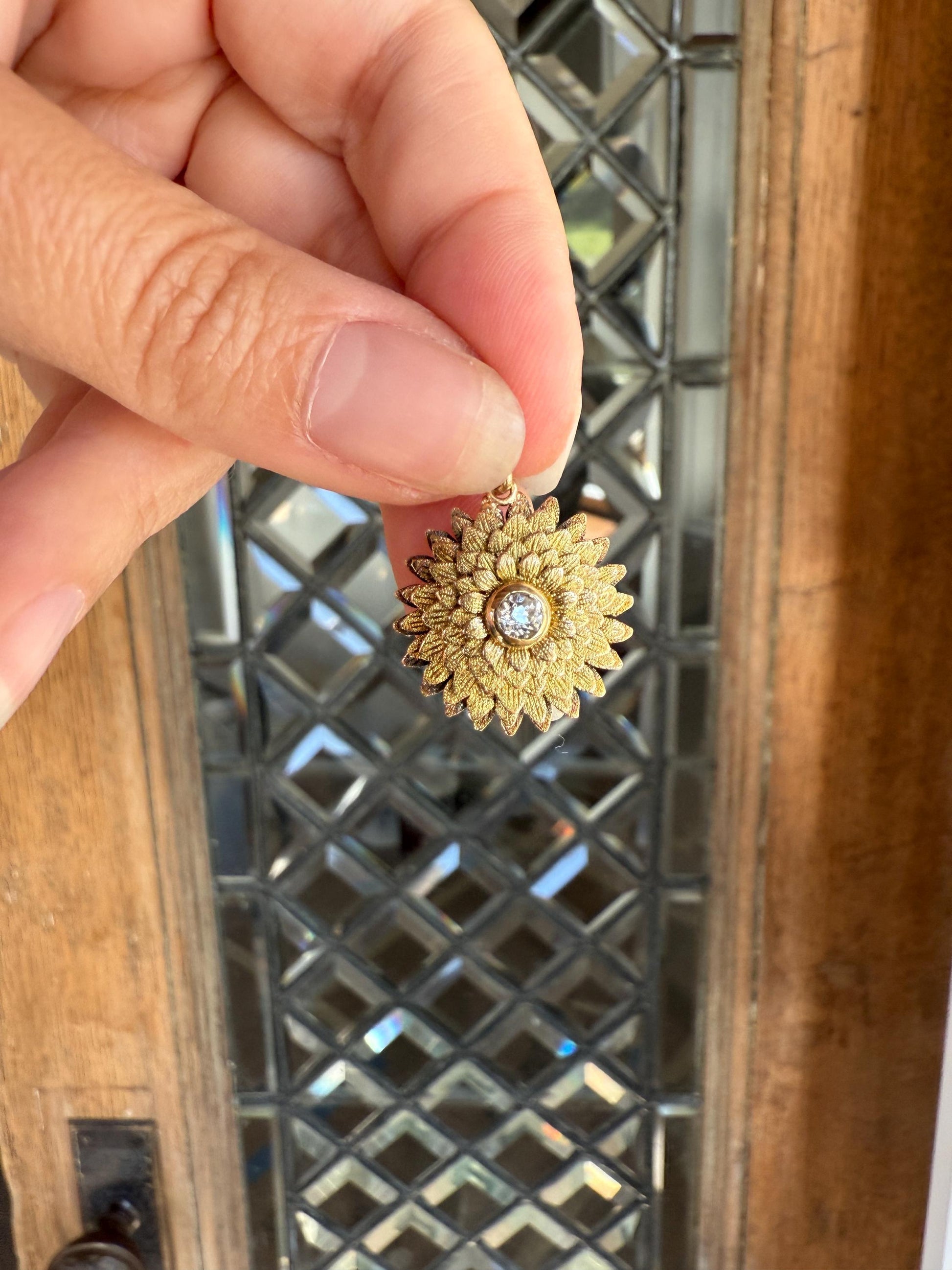 DAHLIA or Chrysanthemum Figural Floral Pendant 6.1g 14k Gold Antique Victorian Old Mine Cut Diamond Domed Engraved Petals 3D Lifelike Flower