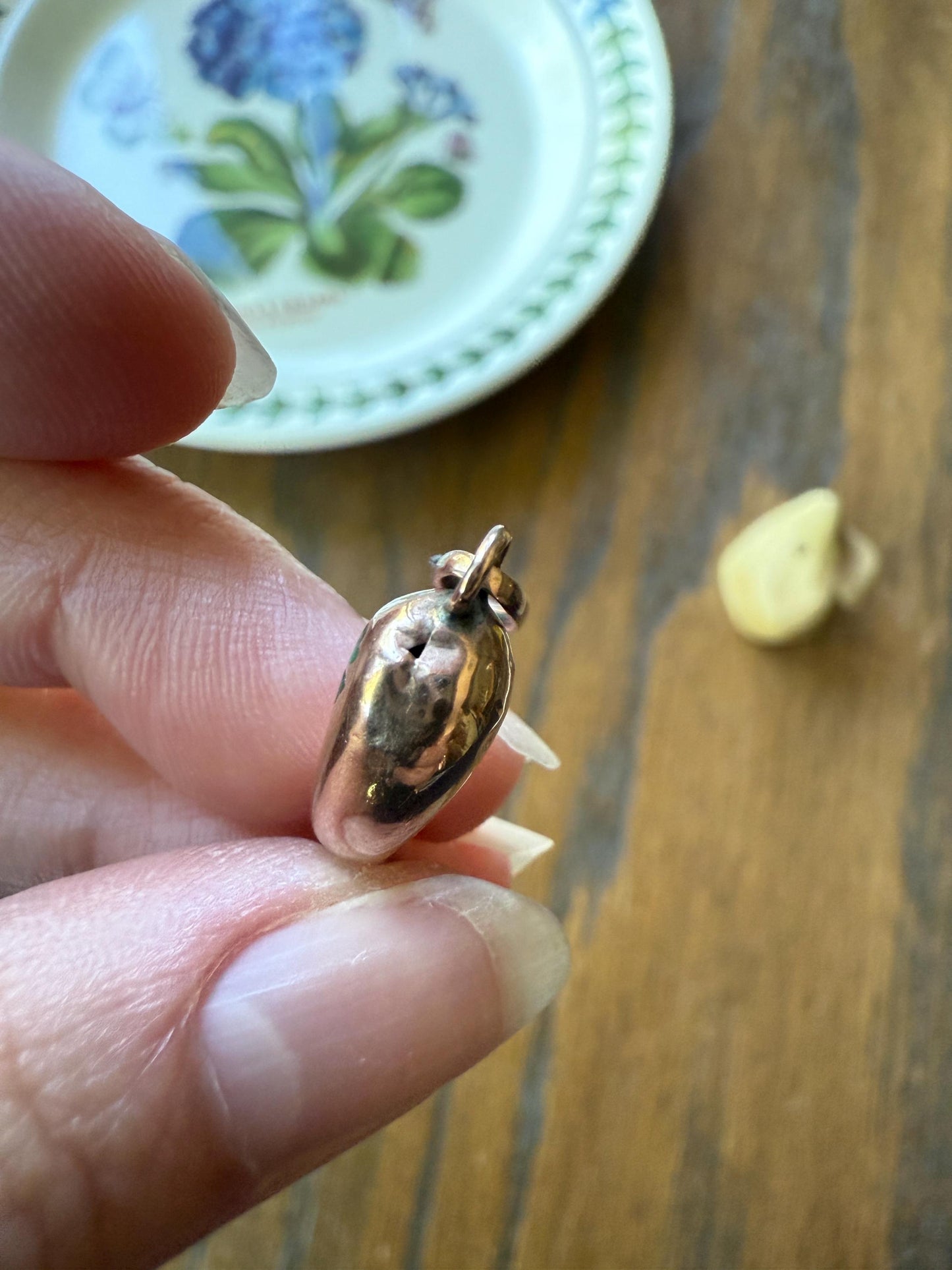 HORN Antique Lucky Clover Larger Figural PENDANT 10k Rose Gold Good Luck Gift Amulet Charm Evil Eye Cornicello Green Enamel Unique