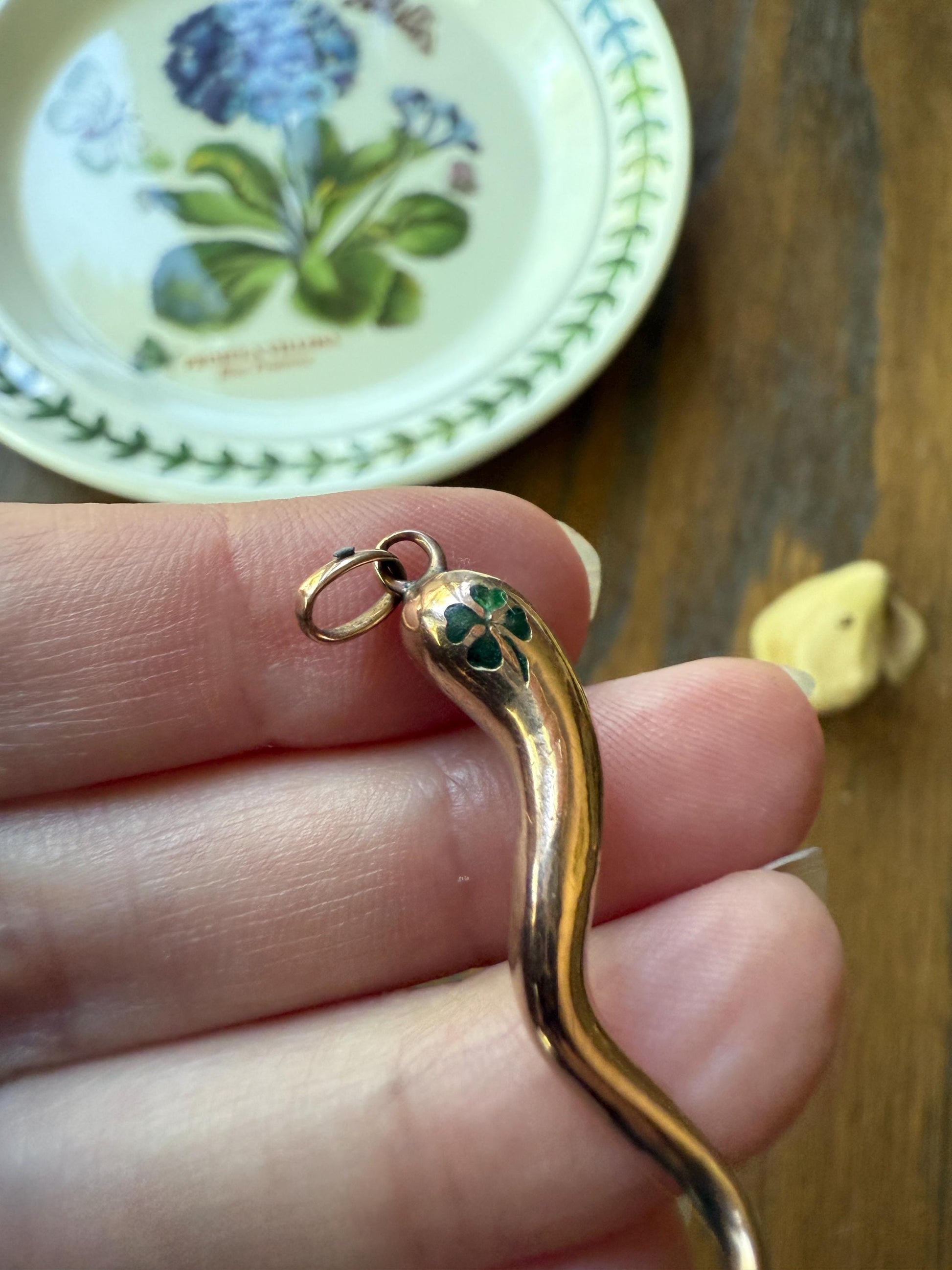 HORN Antique Lucky Clover Larger Figural PENDANT 10k Rose Gold Good Luck Gift Amulet Charm Evil Eye Cornicello Green Enamel Unique