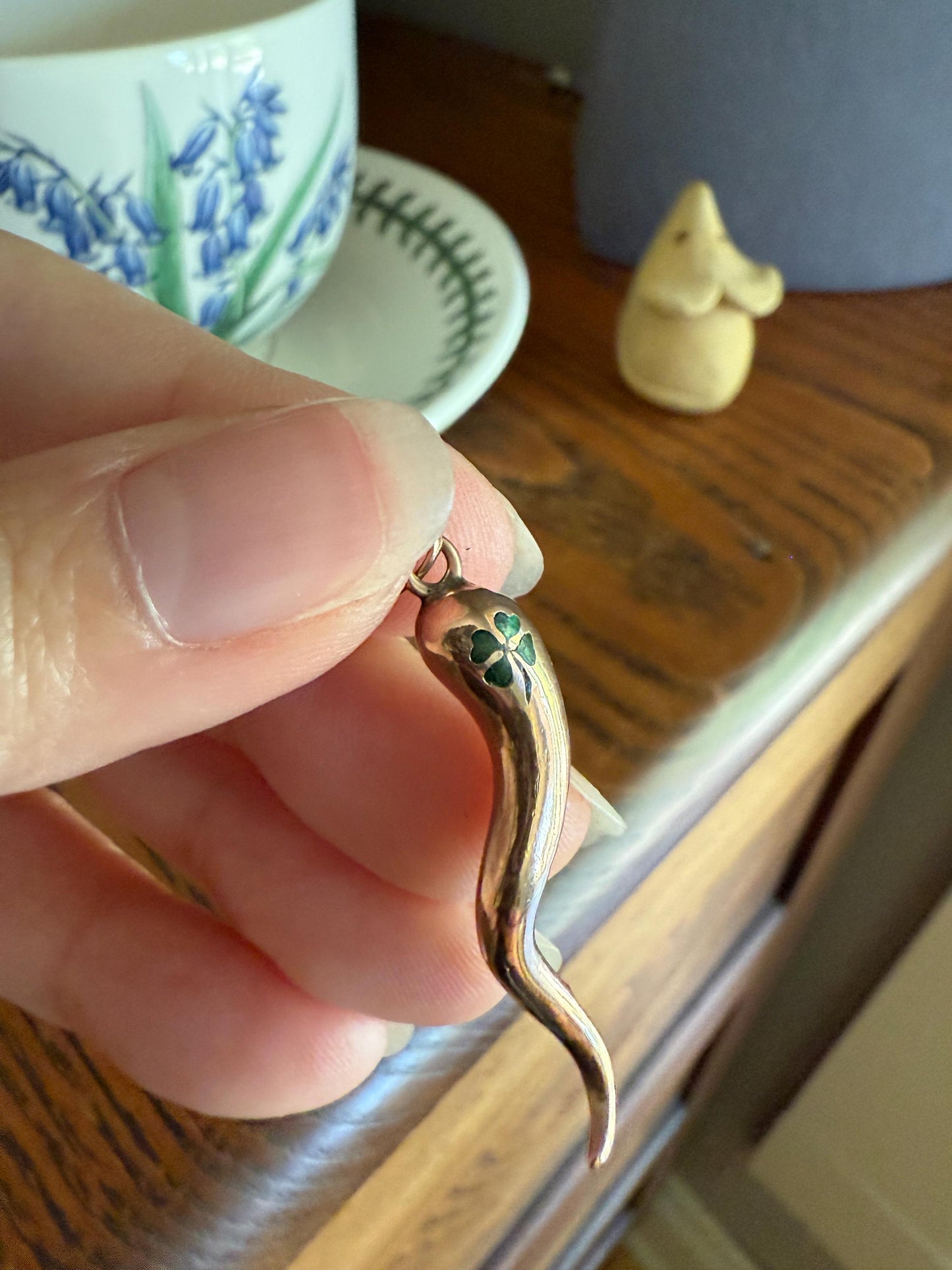 HORN Antique Lucky Clover Larger Figural PENDANT 10k Rose Gold Good Luck Gift Amulet Charm Evil Eye Cornicello Green Enamel Unique