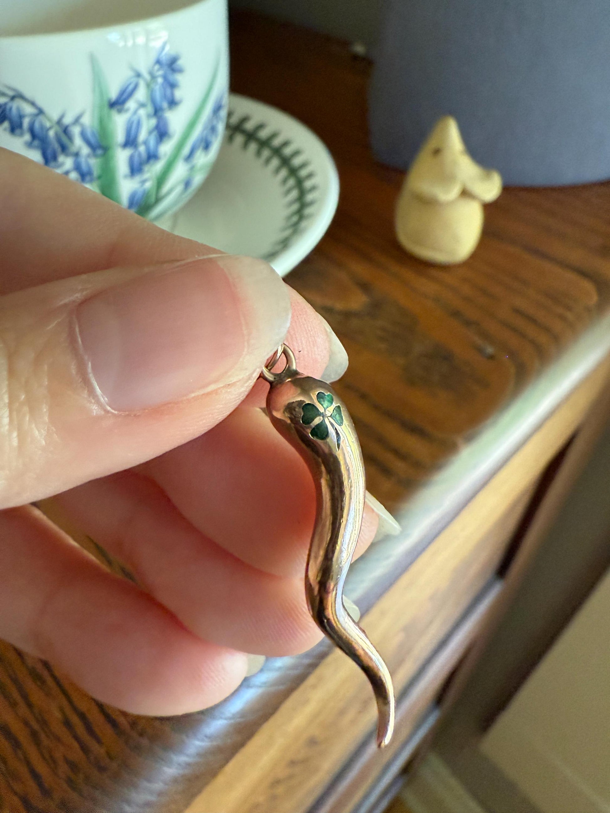 HORN Antique Lucky Clover Larger Figural PENDANT 10k Rose Gold Good Luck Gift Amulet Charm Evil Eye Cornicello Green Enamel Unique
