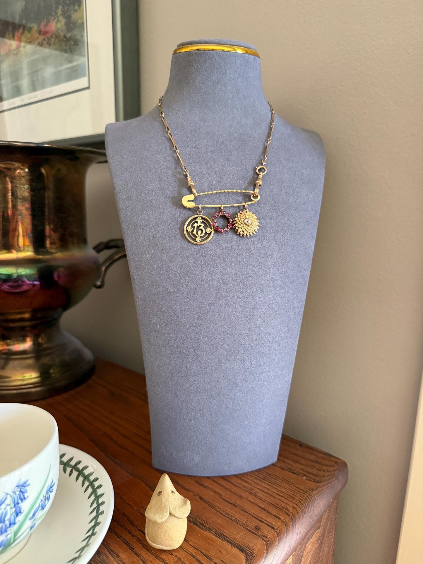 LARGE Vintage Safety Pin Brooch Figural 18k Gold Braided Bar Pendant Charm Holder Extender Connector Parts