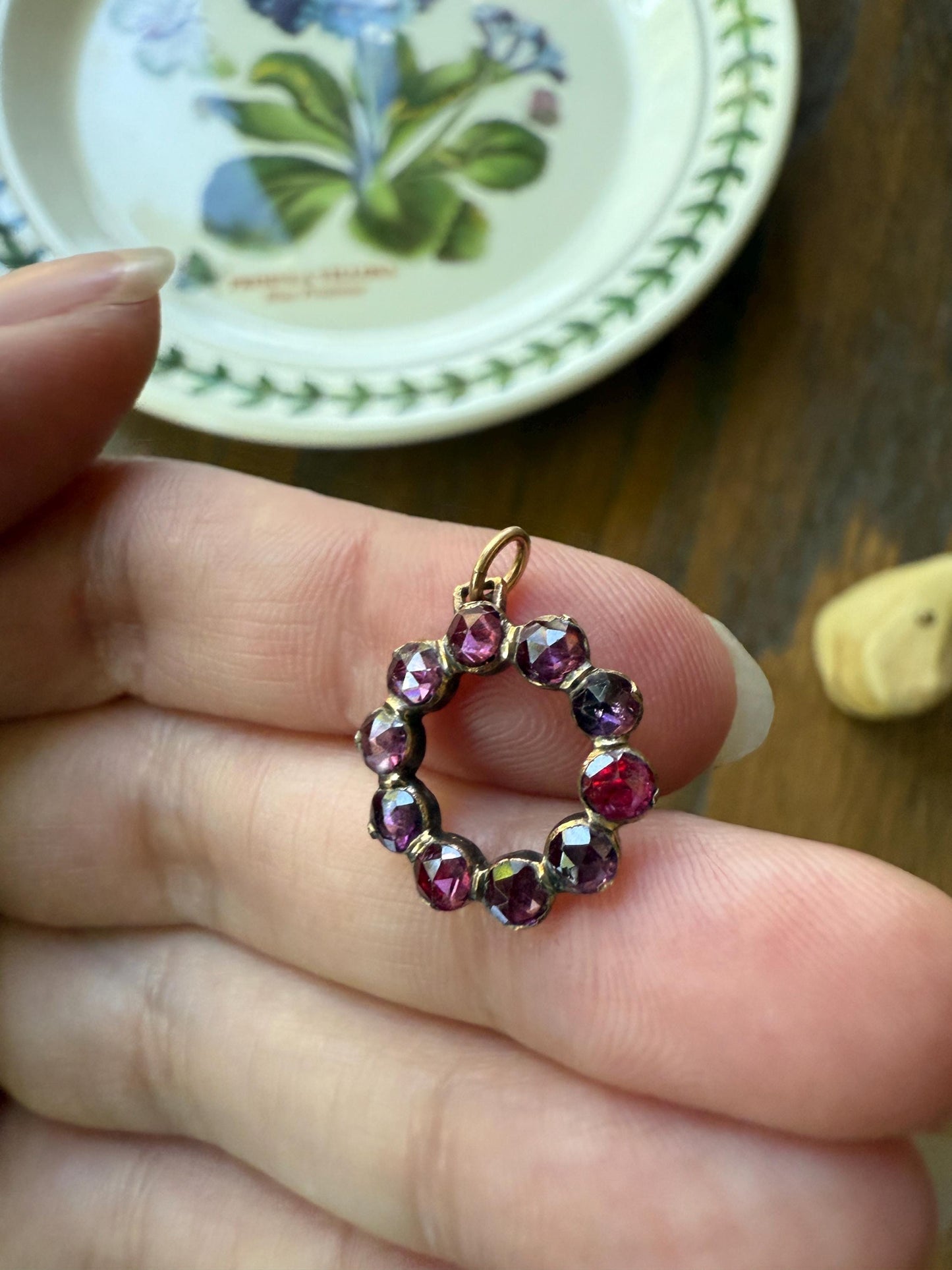Halo O Perfect Circle ANTIQUE Perpignan GARNET 18k Pendant Geometric Charm Victorian French Belle Epoque Pink Purple
