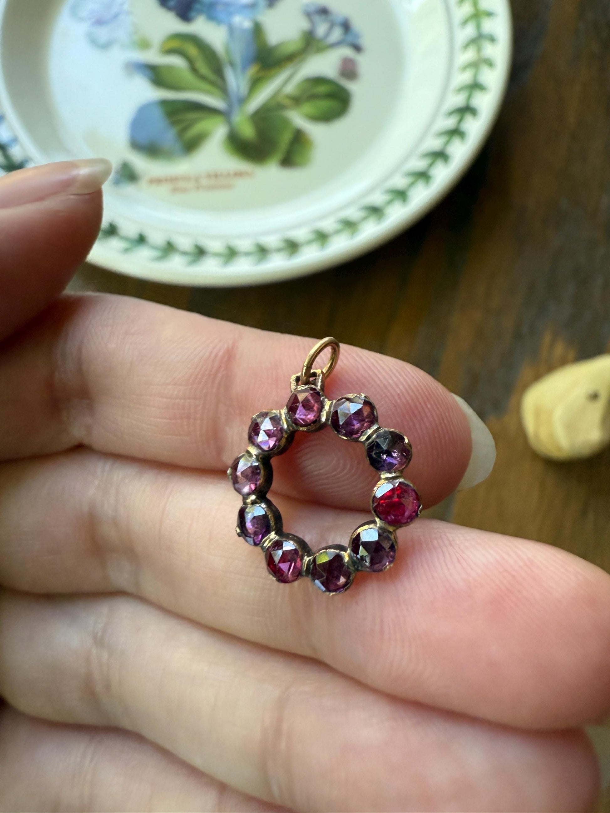 Halo O Perfect Circle ANTIQUE Perpignan GARNET 18k Pendant Geometric Charm Victorian French Belle Epoque Pink Purple