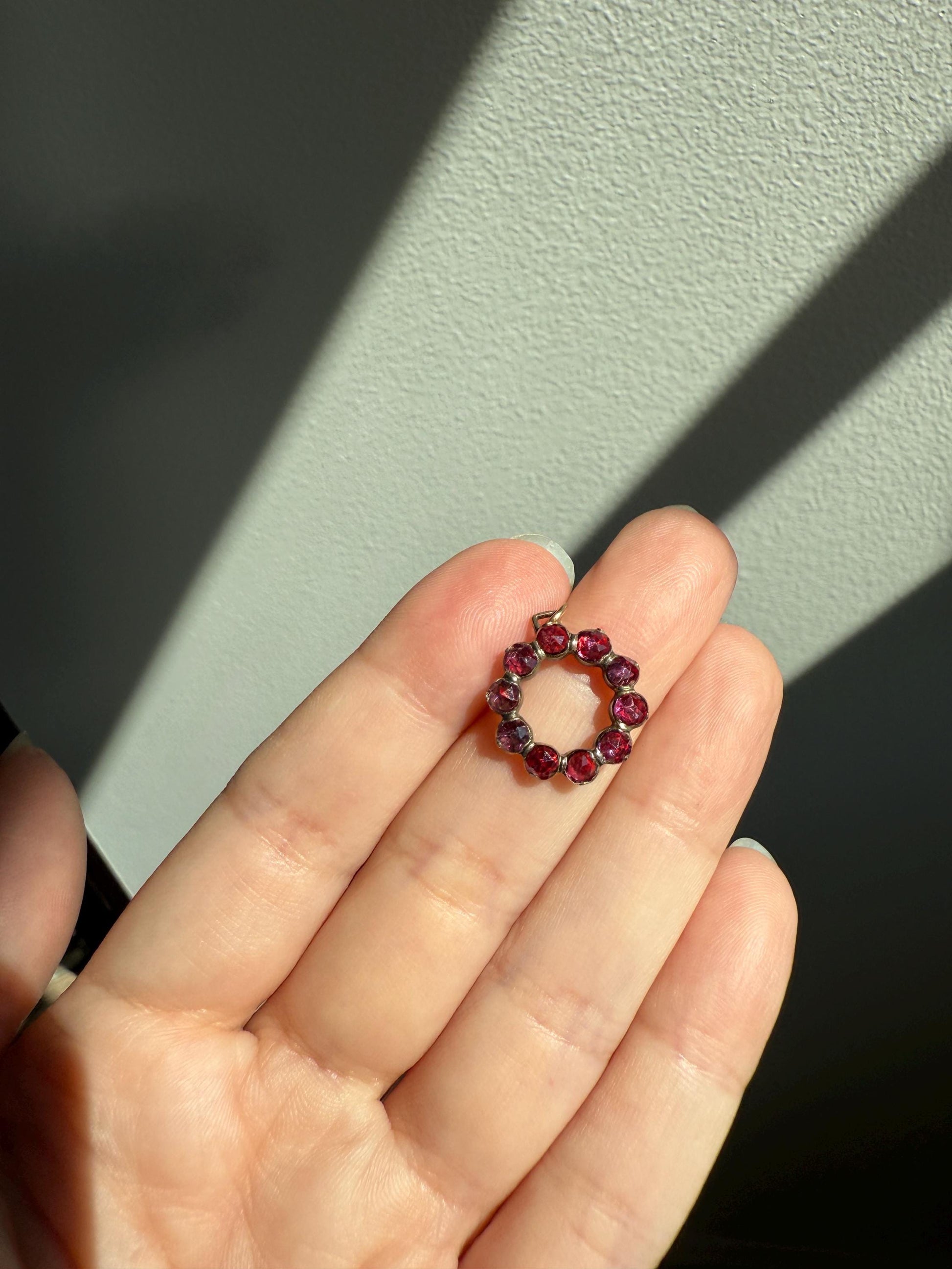 Halo O Perfect Circle ANTIQUE Perpignan GARNET 18k Pendant Geometric Charm Victorian French Belle Epoque Pink Purple