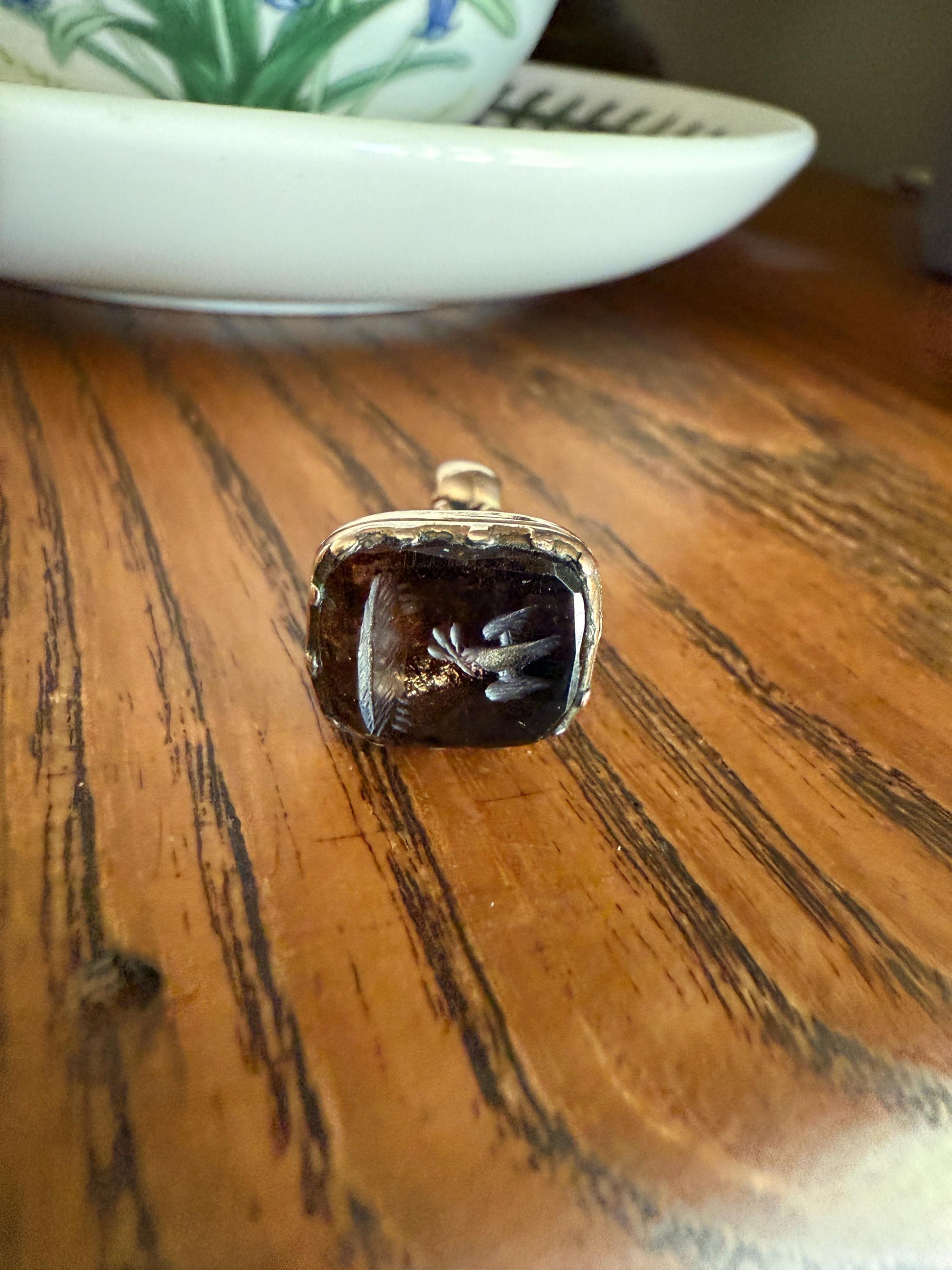 DOVE Bird Nest Figural ROSE Flower Antique VICTORIAN Smoky Quartz Fob 1800s Wax Seal Intaglio Pendant 10k Gold Cased Ornate Romantic Gift