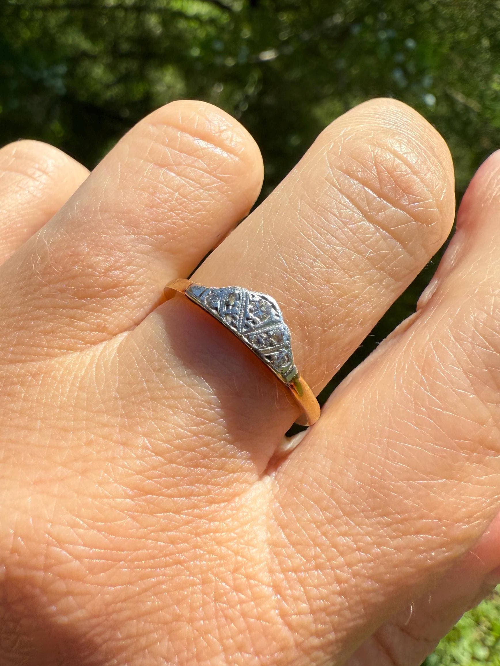 Crowned TIARA Antique Art Deco Skinny Wedding Band 18k Gold Platinum Solid Stacker Ring Geometric Rose Single Cut Diamonds Dainty Engagement