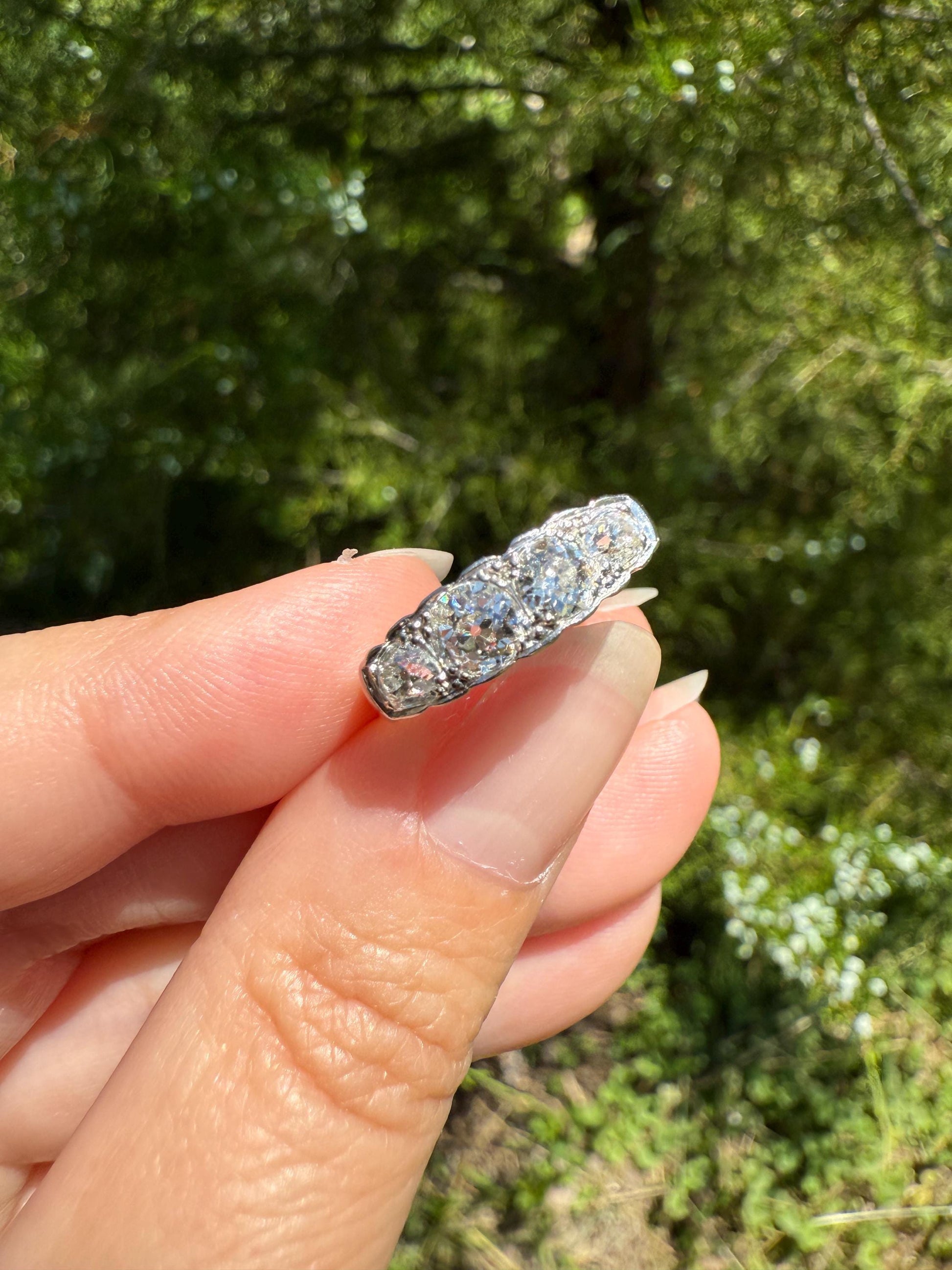 Antique 1.25 Carat Eye Clean Four Stone Old Mine Cut Diamond 18k White Gold French Band Romantic Gift Wedding Row Stacker Ringstack OMC