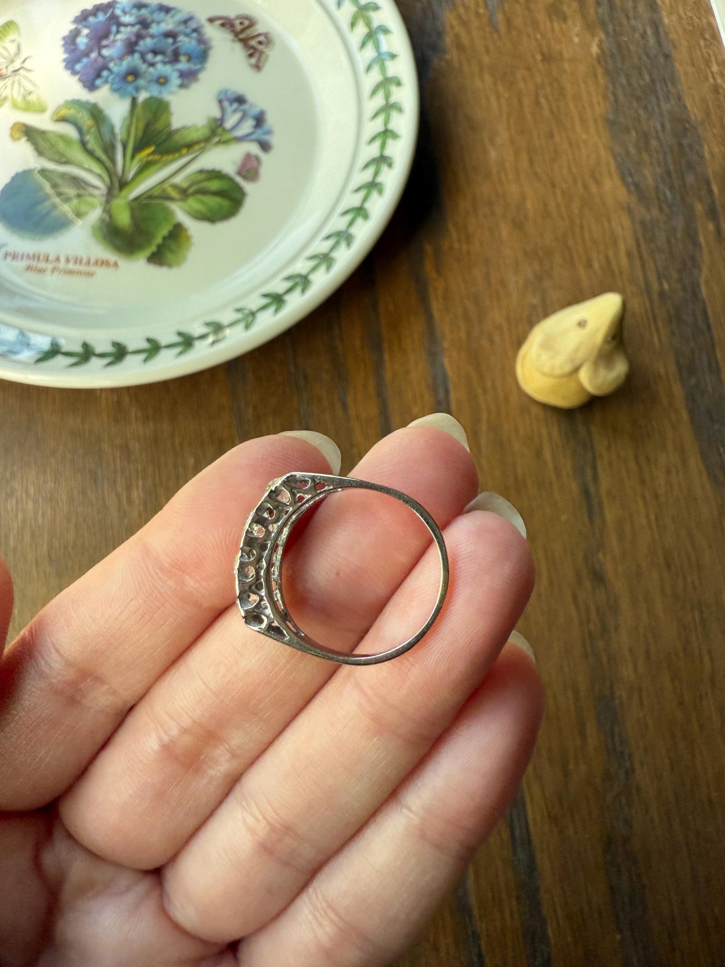 Antique 1.25 Carat Eye Clean Four Stone Old Mine Cut Diamond 18k White Gold French Band Romantic Gift Wedding Row Stacker Ringstack OMC