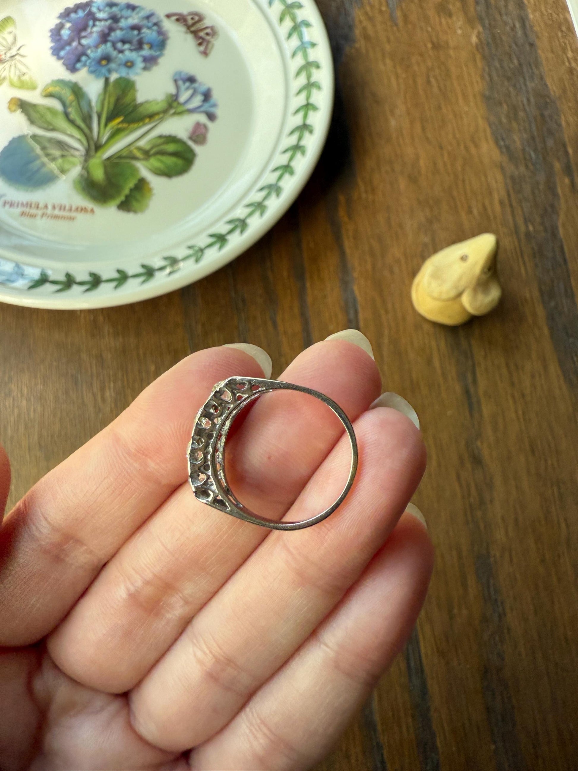 Antique 1.25 Carat Eye Clean Four Stone Old Mine Cut Diamond 18k White Gold French Band Romantic Gift Wedding Row Stacker Ringstack OMC