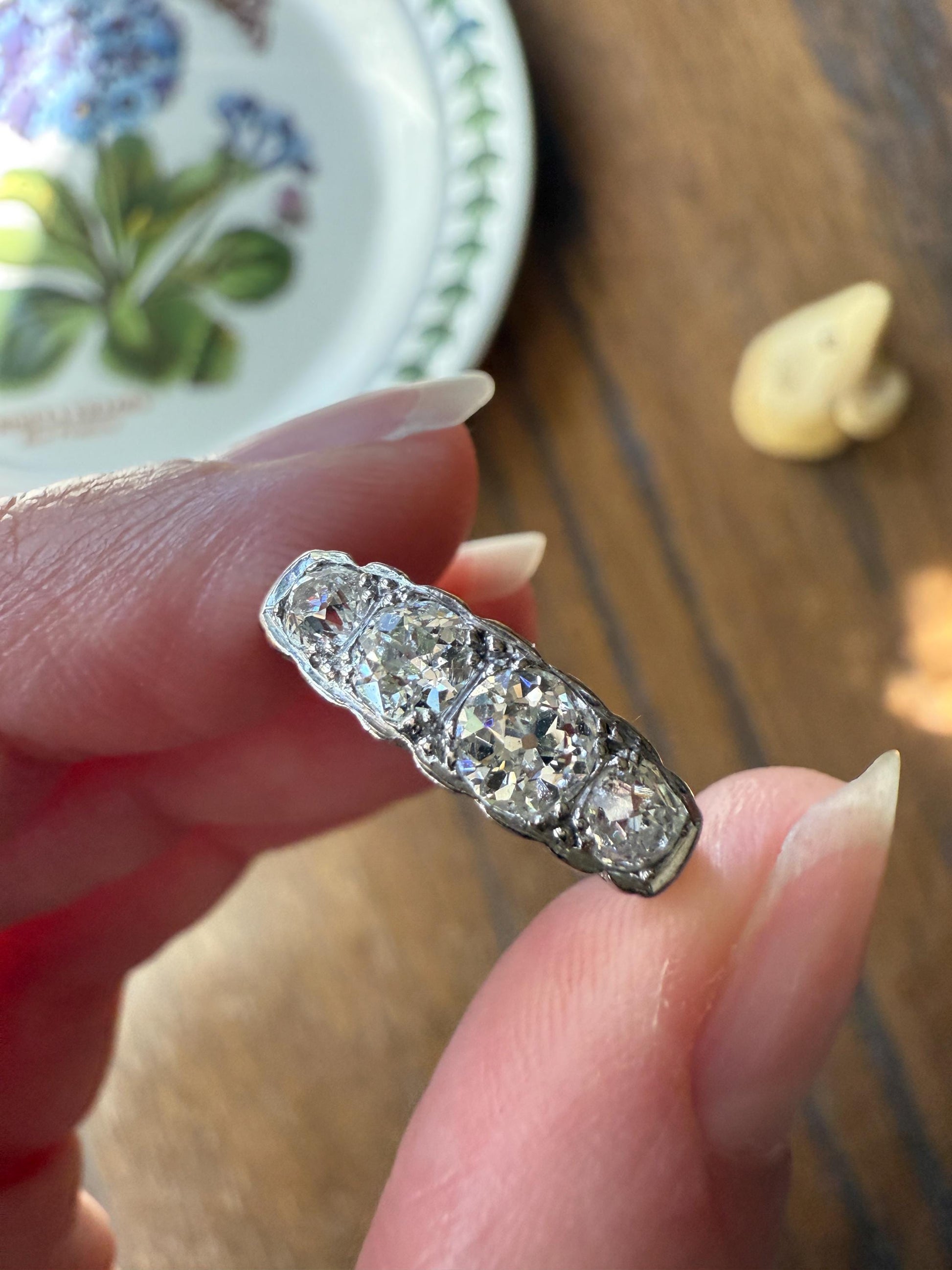 Antique 1.25 Carat Eye Clean Four Stone Old Mine Cut Diamond 18k White Gold French Band Romantic Gift Wedding Row Stacker Ringstack OMC