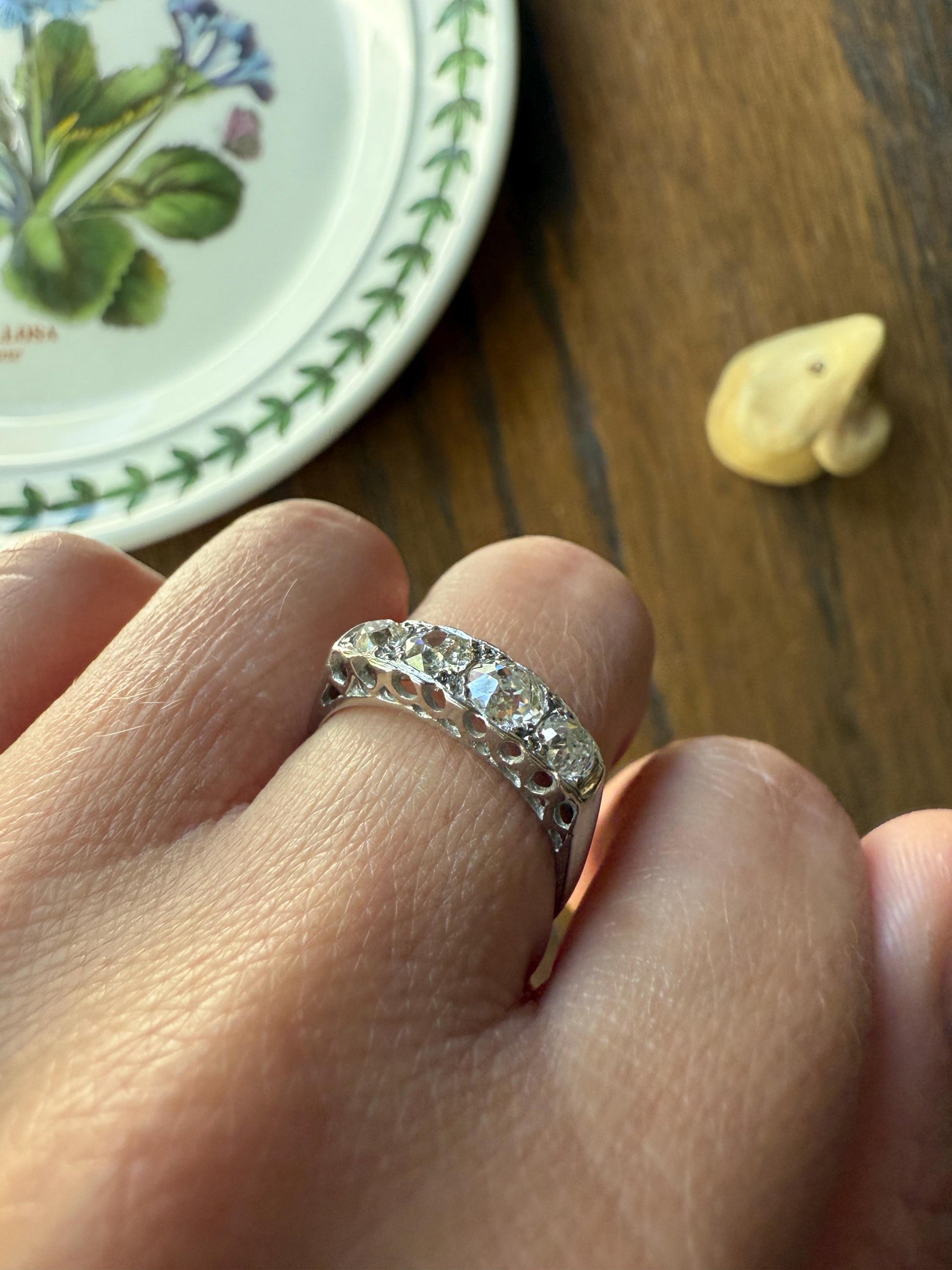 Antique 1.25 Carat Eye Clean Four Stone Old Mine Cut Diamond 18k White Gold French Band Romantic Gift Wedding Row Stacker Ringstack OMC