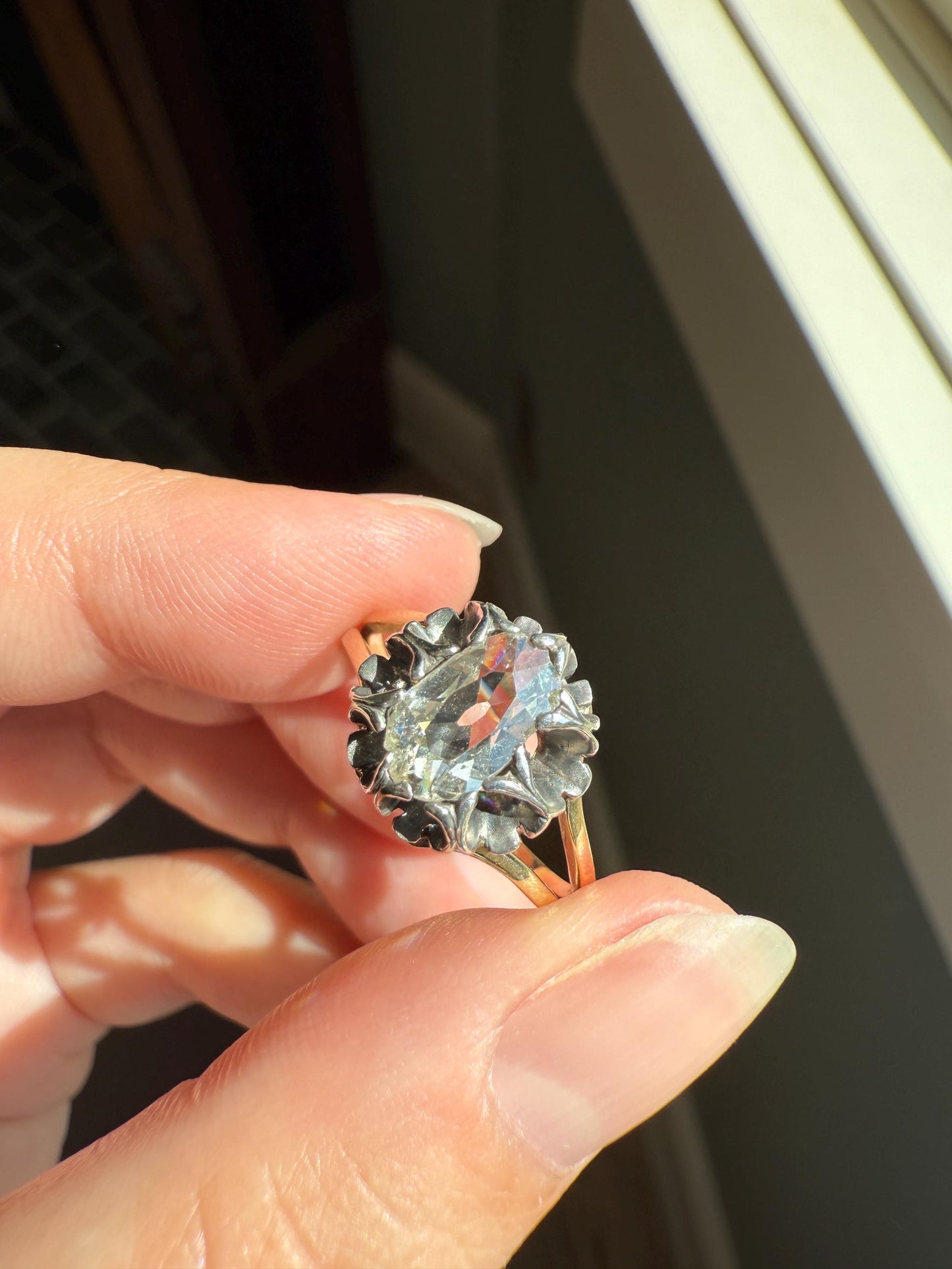 ANTIQUE Elongated Old Mine Cut Oval DIAMOND Eye Clean Silver Star Prong Basket Setting in 10k Gold Unique Buttercup Victorian .6 to 1.2 Ct.