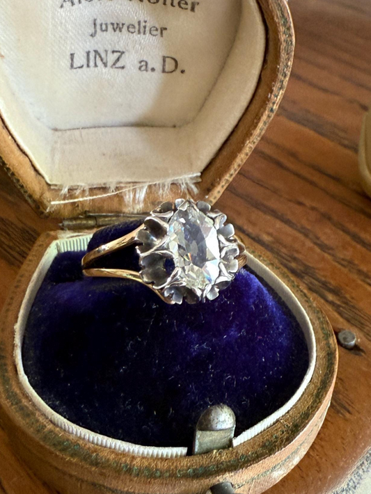 ANTIQUE Elongated Old Mine Cut Oval DIAMOND Eye Clean Silver Star Prong Basket Setting in 10k Gold Unique Buttercup Victorian .6 to 1.2 Ct.