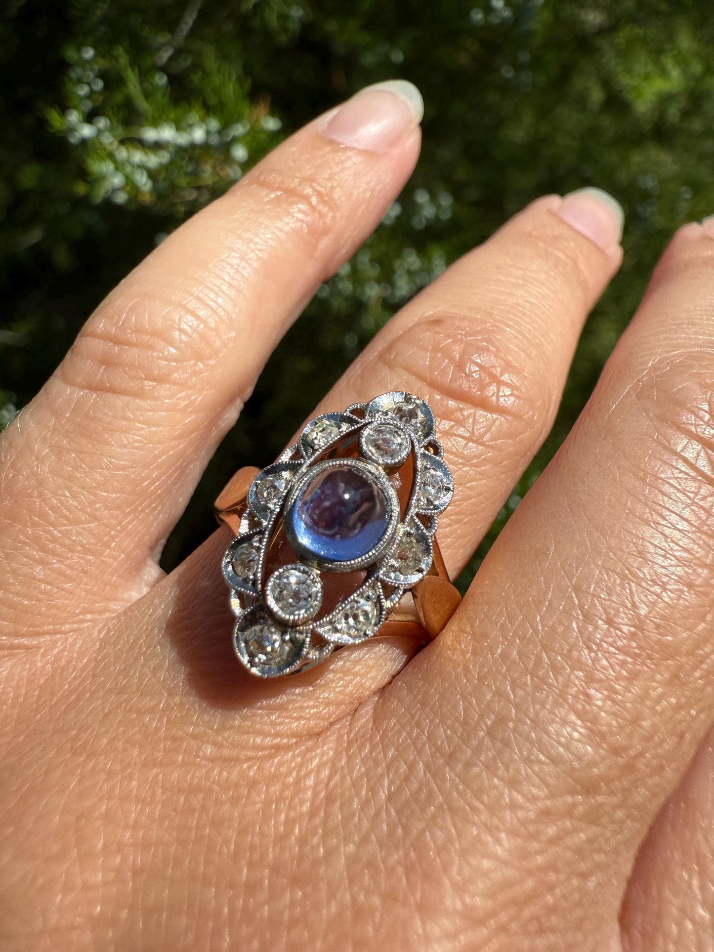 Glowing Blue Sugarloaf Sapphire Old Mine Cut DIAMOND Halo Scalloped French Antique 18k Gold Oval Marquise Navette Antique Ring Stacker OMC