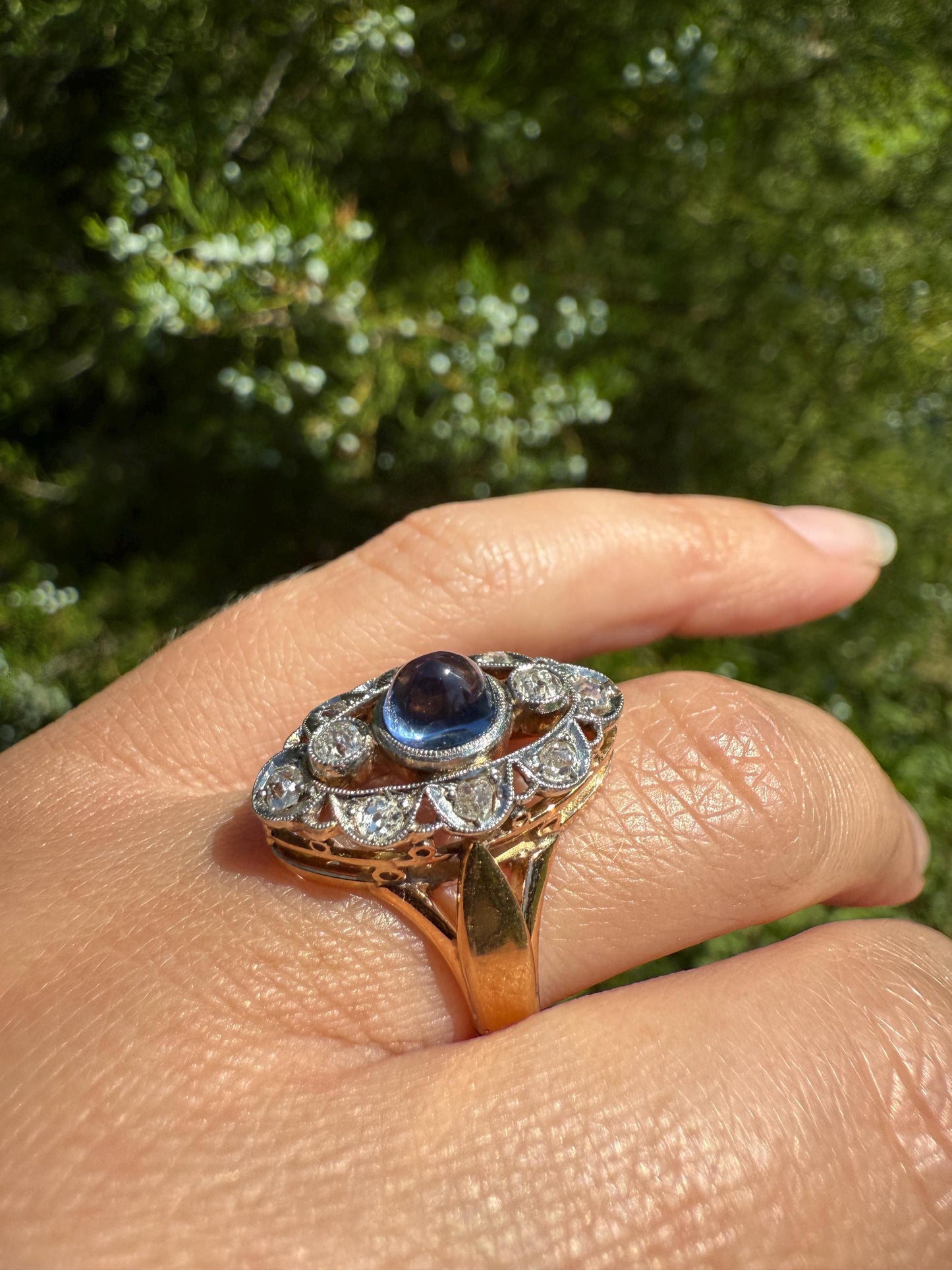 Glowing Blue Sugarloaf Sapphire Old Mine Cut DIAMOND Halo Scalloped French Antique 18k Gold Oval Marquise Navette Antique Ring Stacker OMC