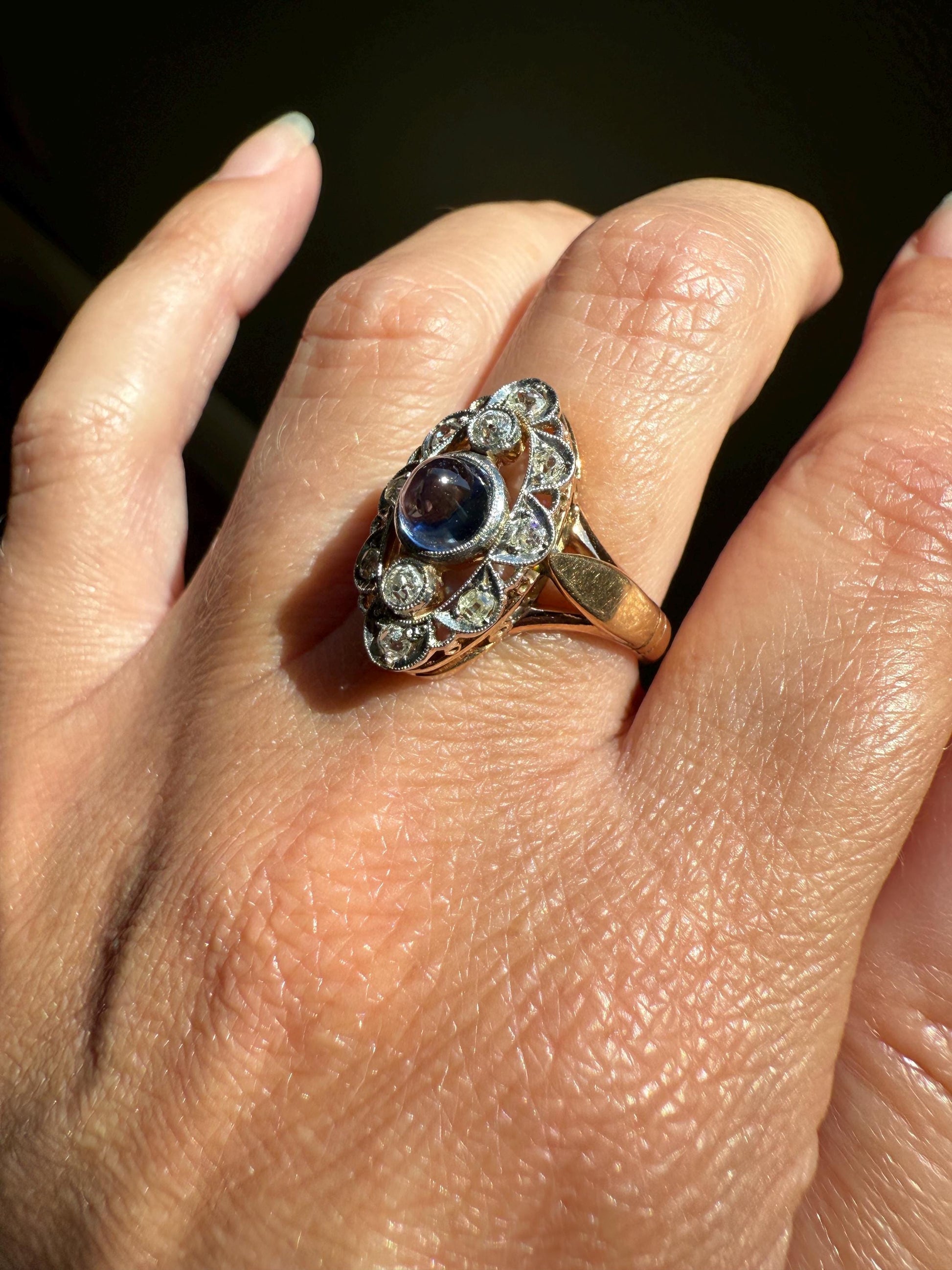 Glowing Blue Sugarloaf Sapphire Old Mine Cut DIAMOND Halo Scalloped French Antique 18k Gold Oval Marquise Navette Antique Ring Stacker OMC