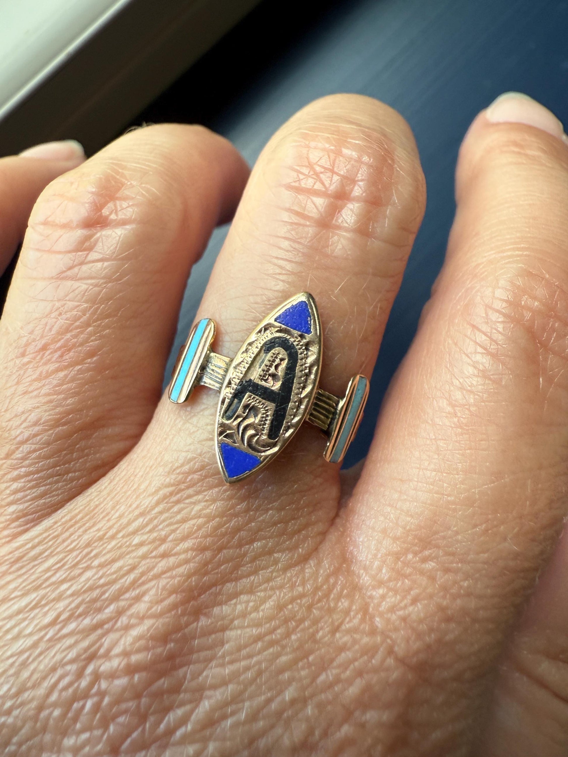 A is for AMORE Or ? Italian Love Band Ring Black Blue Enamel Shield Banded Shoulders Signet Unisex Man Ring Figural Letter Initial Betrothal