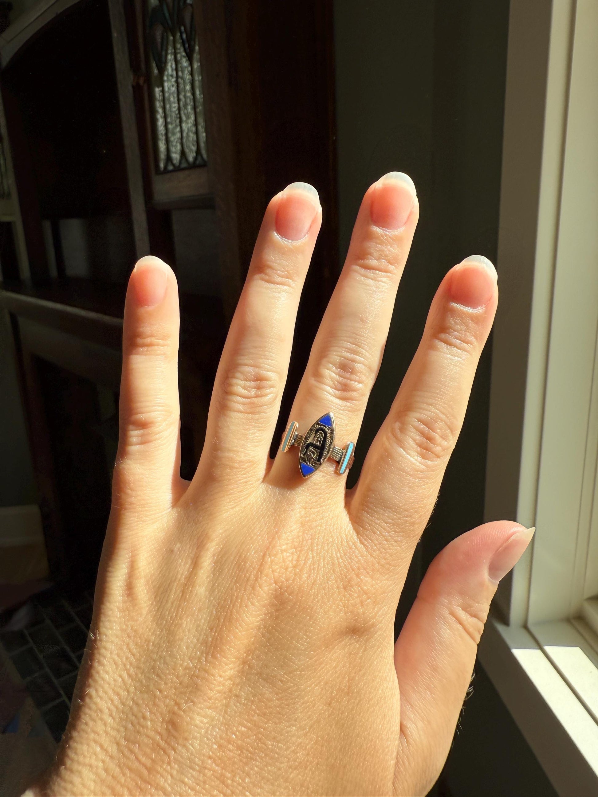 A is for AMORE Or ? Italian Love Band Ring Black Blue Enamel Shield Banded Shoulders Signet Unisex Man Ring Figural Letter Initial Betrothal