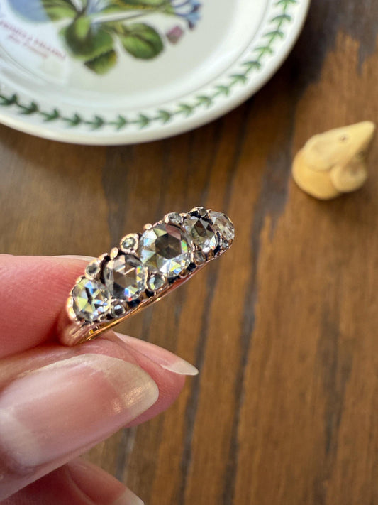 ANTIQUE Rose Cut DIAMOND Five Stone Band with Spacers Disco Ball Stacker Ring 14k Gold