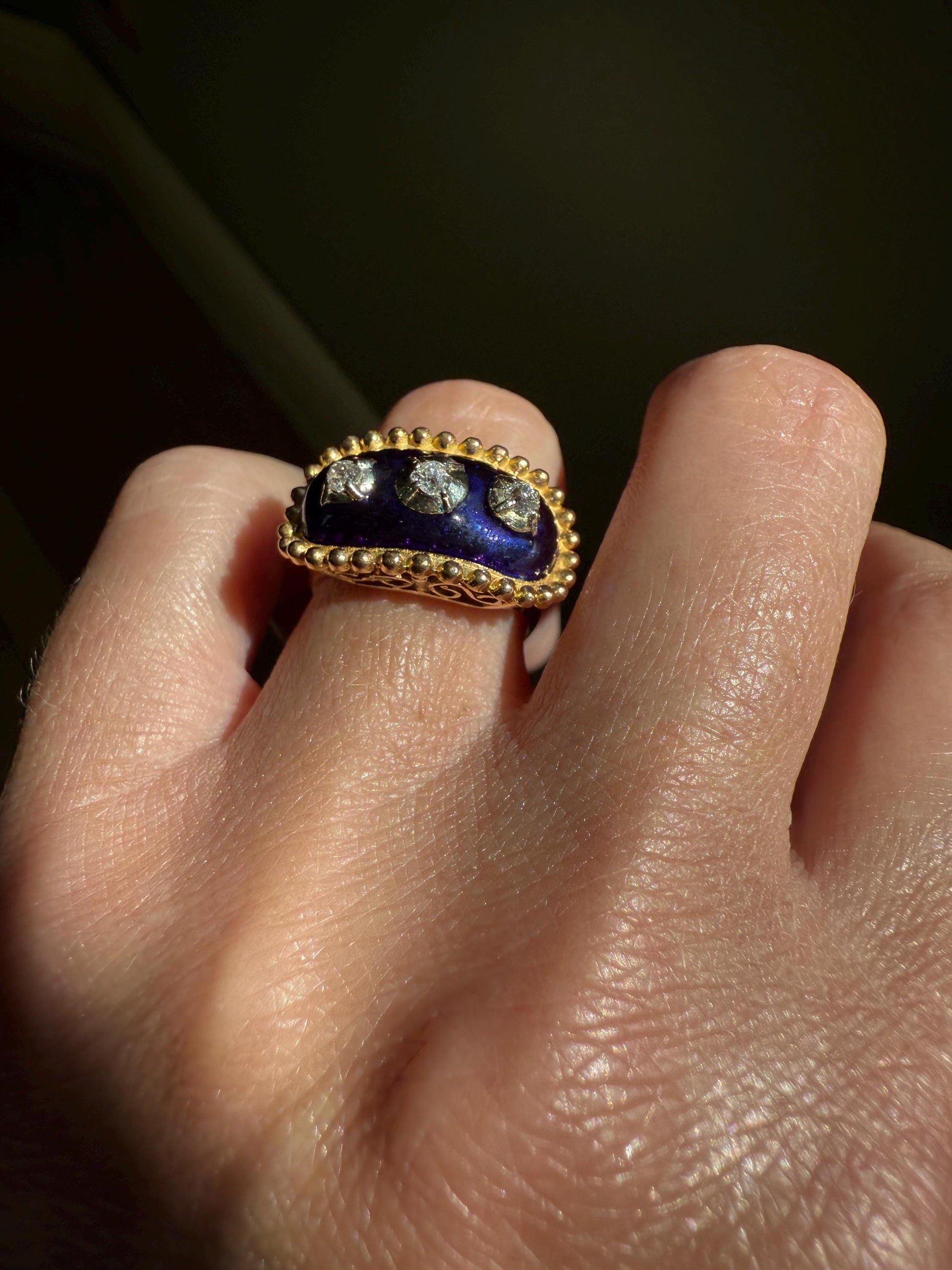 French Antique Bague Au Firmament Three Old Mine Cut Diamond Blue Enamel 18k Gold Ring of Heaven STAR Victorian Ornate Bead Rivet Halo OMC