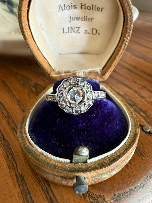 ANTIQUE Rose Cut DIAMOND Daisy Cluster Ring 14k Gold Silver Edwardian Scalloped Halo