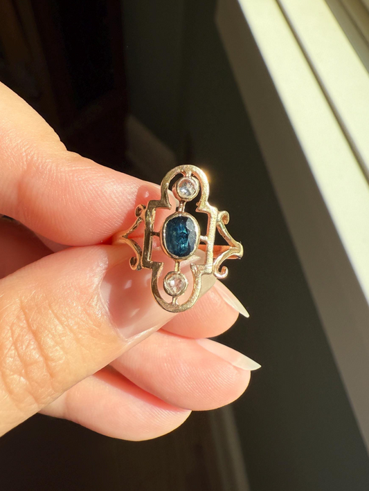 SHIELD Antique Natural Sapphire Rose Cut DIAMOND Open Work Ring 12k Gold Early 1900s Blue Geometric Stacker Unique Gift