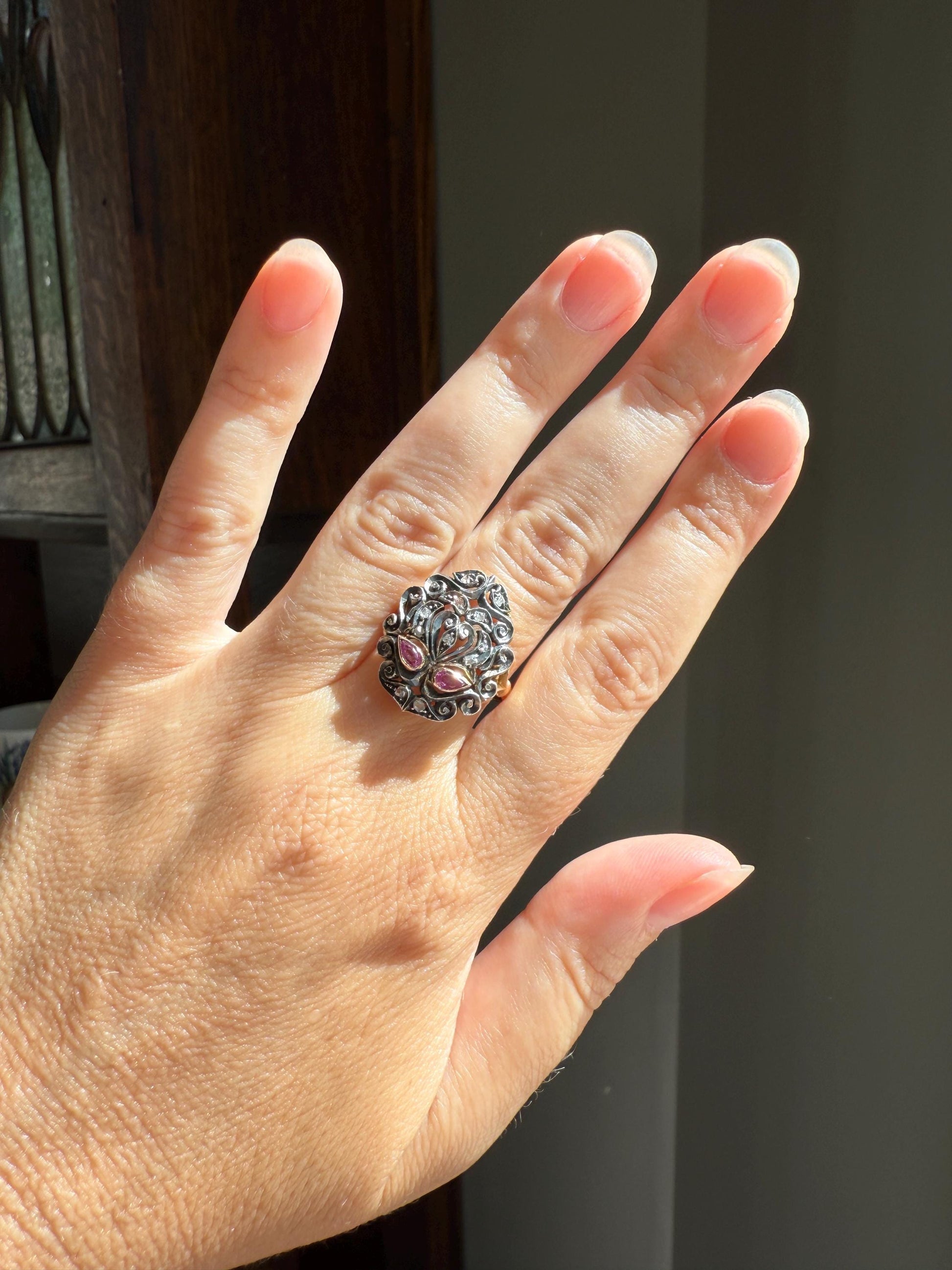 The Peacock Ring : ) Teardrop RUBY Old Mine Cut DIAMOND Ring 18k Gold Silver Flourishes Ornate Scrolled Shield Large Cocktail Statement Gift