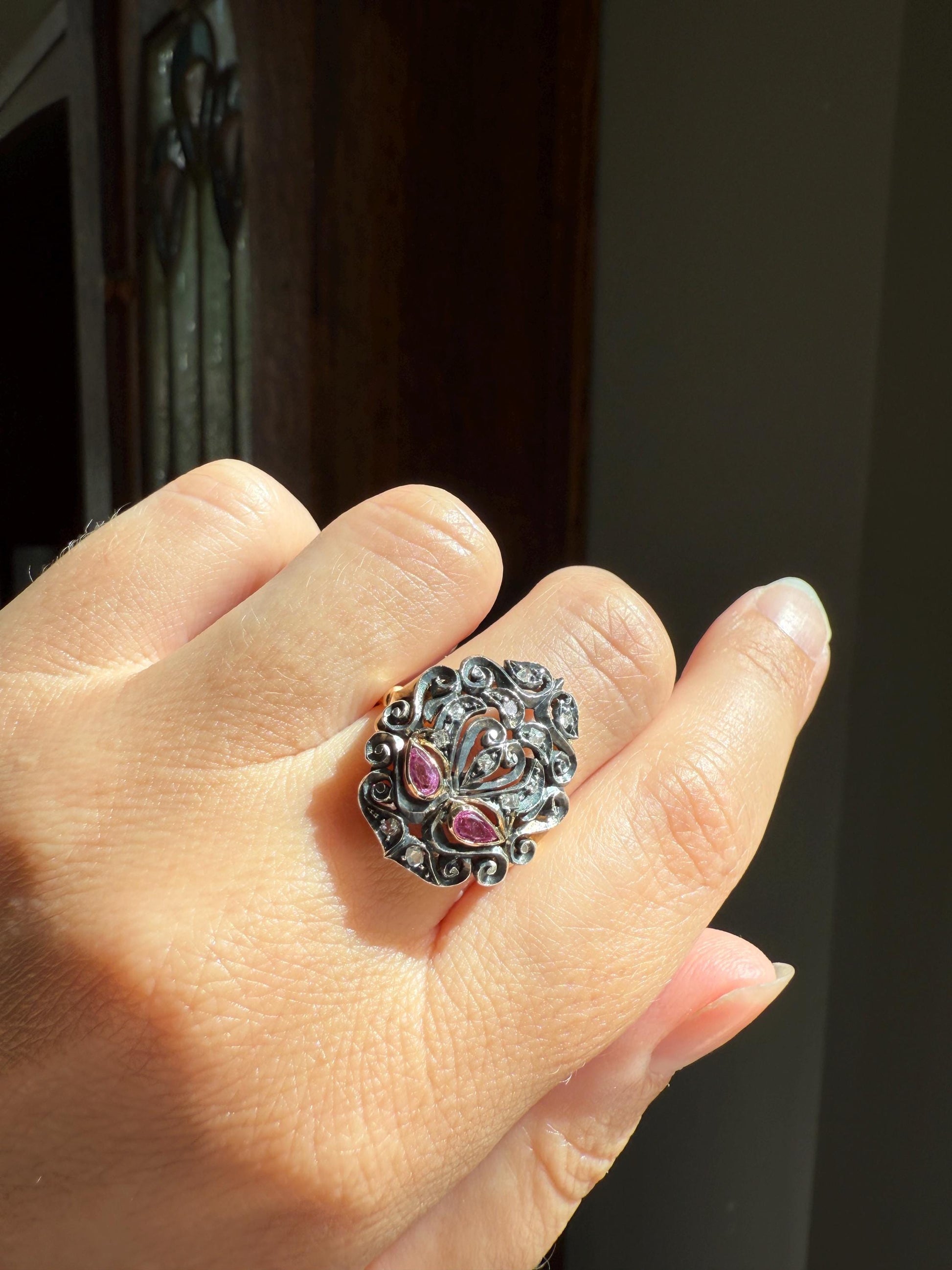 The Peacock Ring : ) Teardrop RUBY Old Mine Cut DIAMOND Ring 18k Gold Silver Flourishes Ornate Scrolled Shield Large Cocktail Statement Gift
