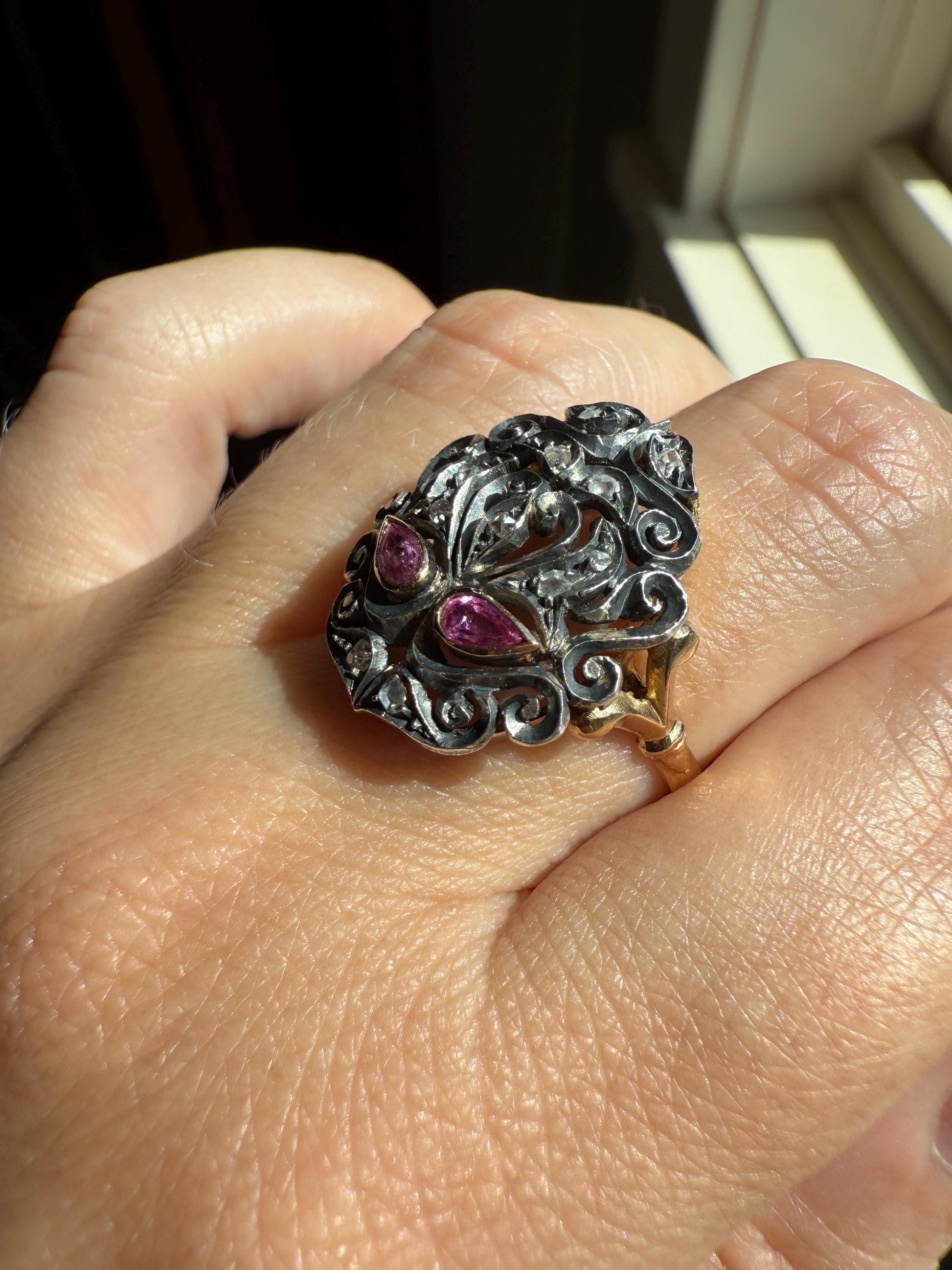 The Peacock Ring : ) Teardrop RUBY Old Mine Cut DIAMOND Ring 18k Gold Silver Flourishes Ornate Scrolled Shield Large Cocktail Statement Gift
