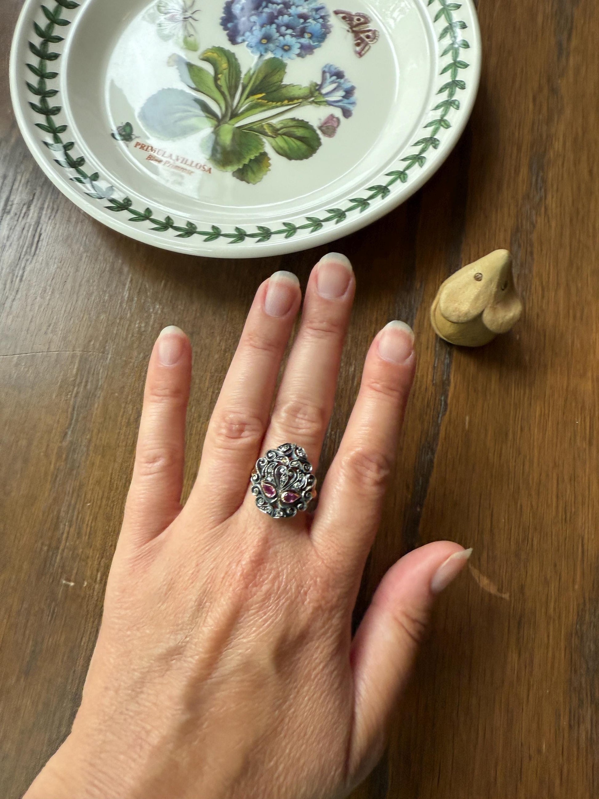 The Peacock Ring : ) Teardrop RUBY Old Mine Cut DIAMOND Ring 18k Gold Silver Flourishes Ornate Scrolled Shield Large Cocktail Statement Gift