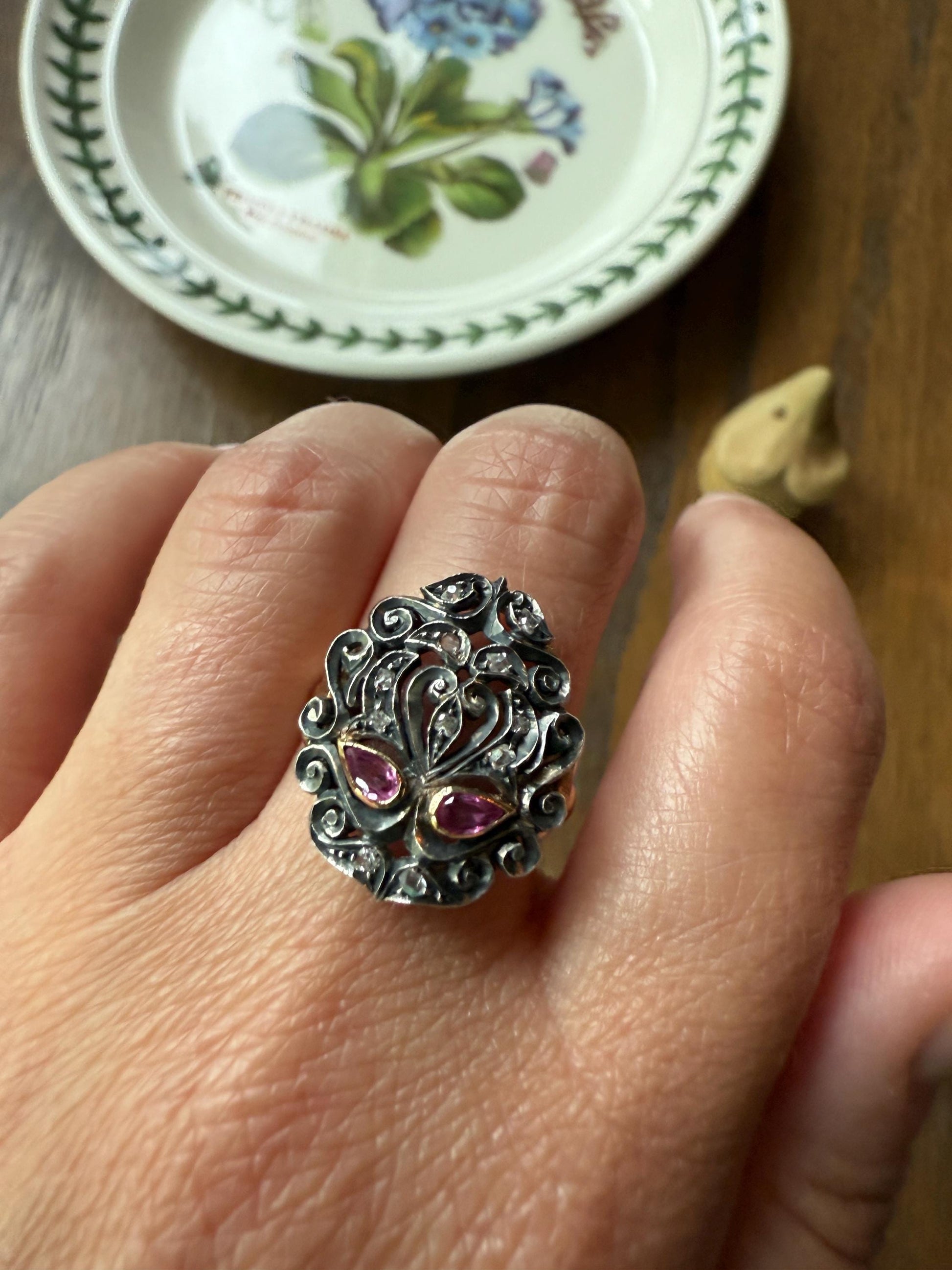 The Peacock Ring : ) Teardrop RUBY Old Mine Cut DIAMOND Ring 18k Gold Silver Flourishes Ornate Scrolled Shield Large Cocktail Statement Gift