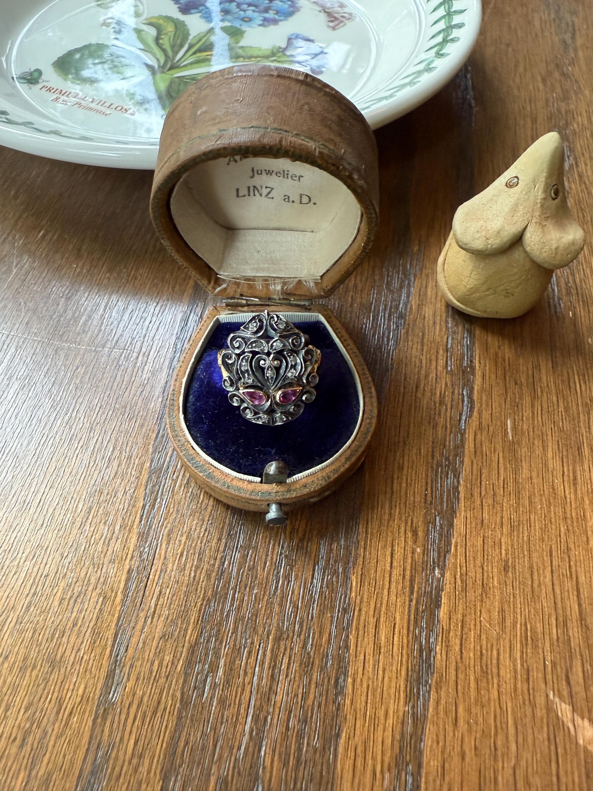 The Peacock Ring : ) Teardrop RUBY Old Mine Cut DIAMOND Ring 18k Gold Silver Flourishes Ornate Scrolled Shield Large Cocktail Statement Gift
