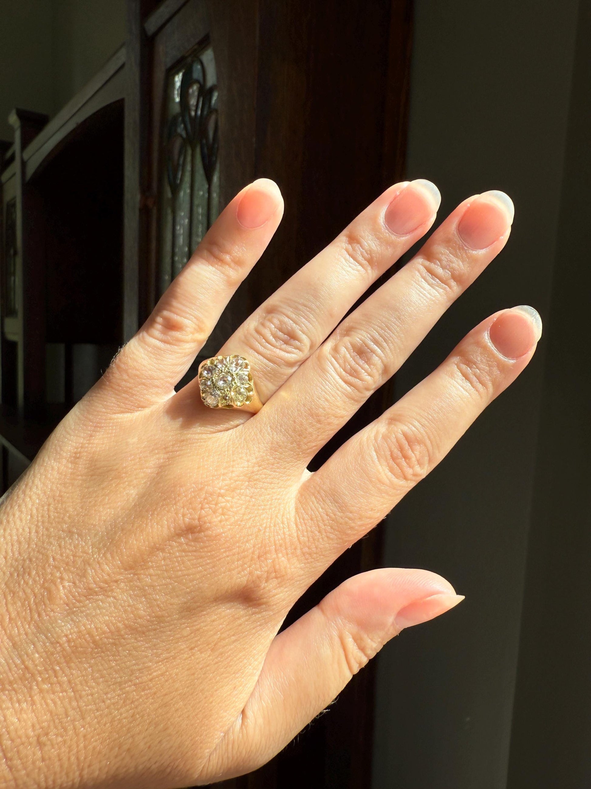 CHUNKY 1.2 Carat Old Mine Cut DIAMOND Cluster Ring 15k Gold Delicious Pale Yellow Nine Stone Cruciform Halo Belcher Buttercup 1.2Ctw OMC
