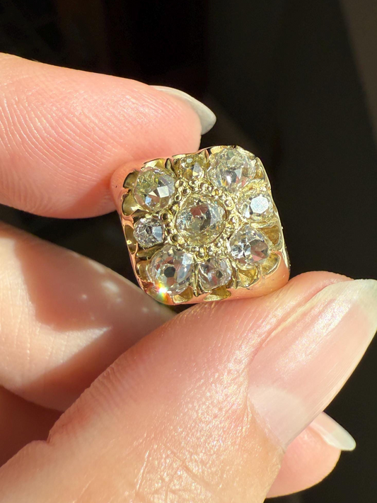CHUNKY 1.2 Carat Old Mine Cut DIAMOND Cluster Ring 15k Gold Delicious Pale Yellow Nine Stone Cruciform Halo Belcher Buttercup 1.2Ctw OMC