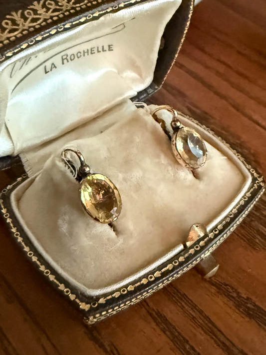 French VICTORIAN Antique Old Cut Oval CITRINE Yellow Domed Collet Set Dormeuse Earrings 18k GOLD Dangle Drop Bridal Gift Golden Warm Autumn