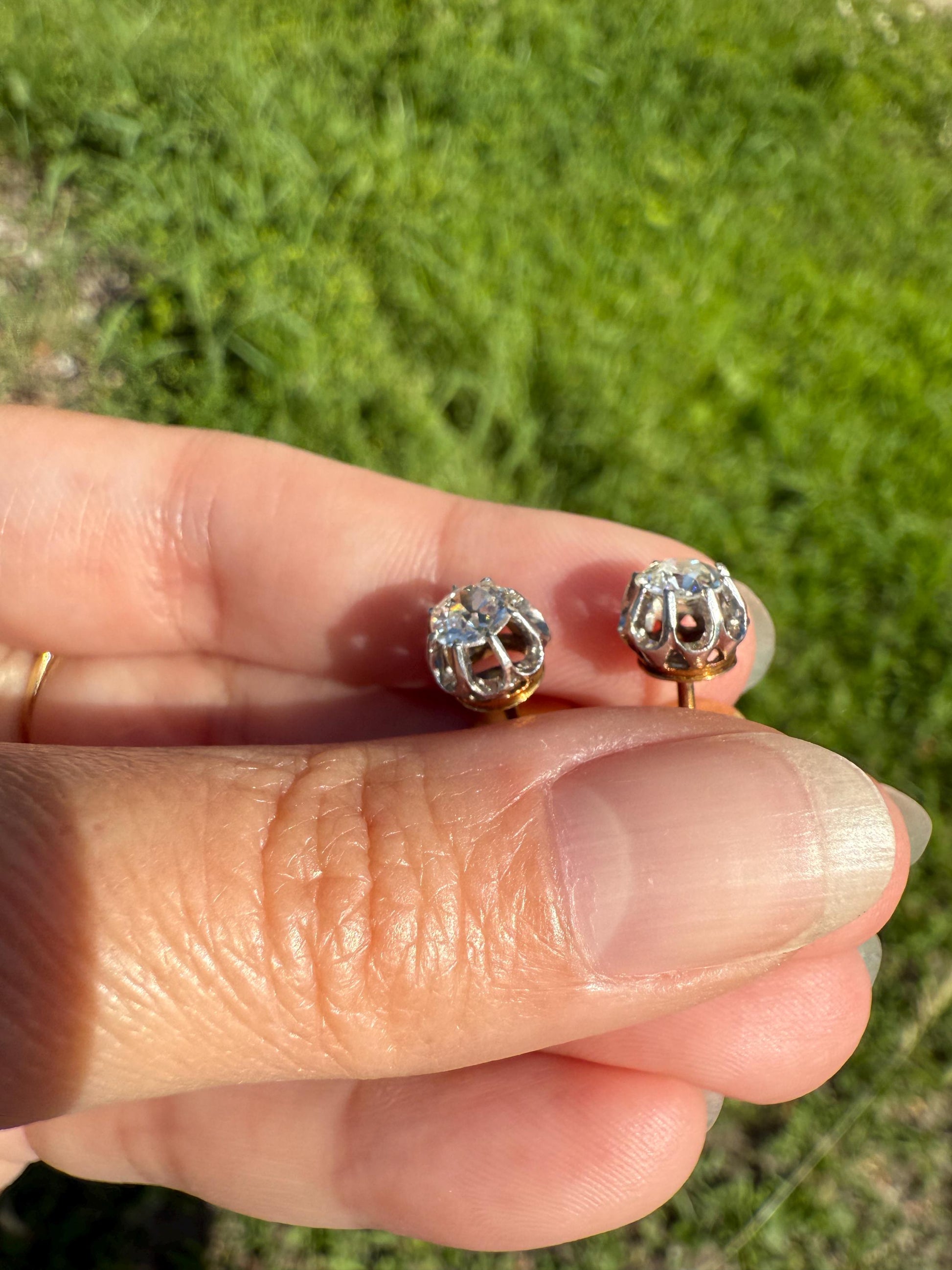 Antique 1 Carat Tdw Old Mine Cut DIAMOND Buttercup Prong Stud Earrings French 18k Gold Romantic Gift Earstack Victorian Belle Epoque 1Ct OMC