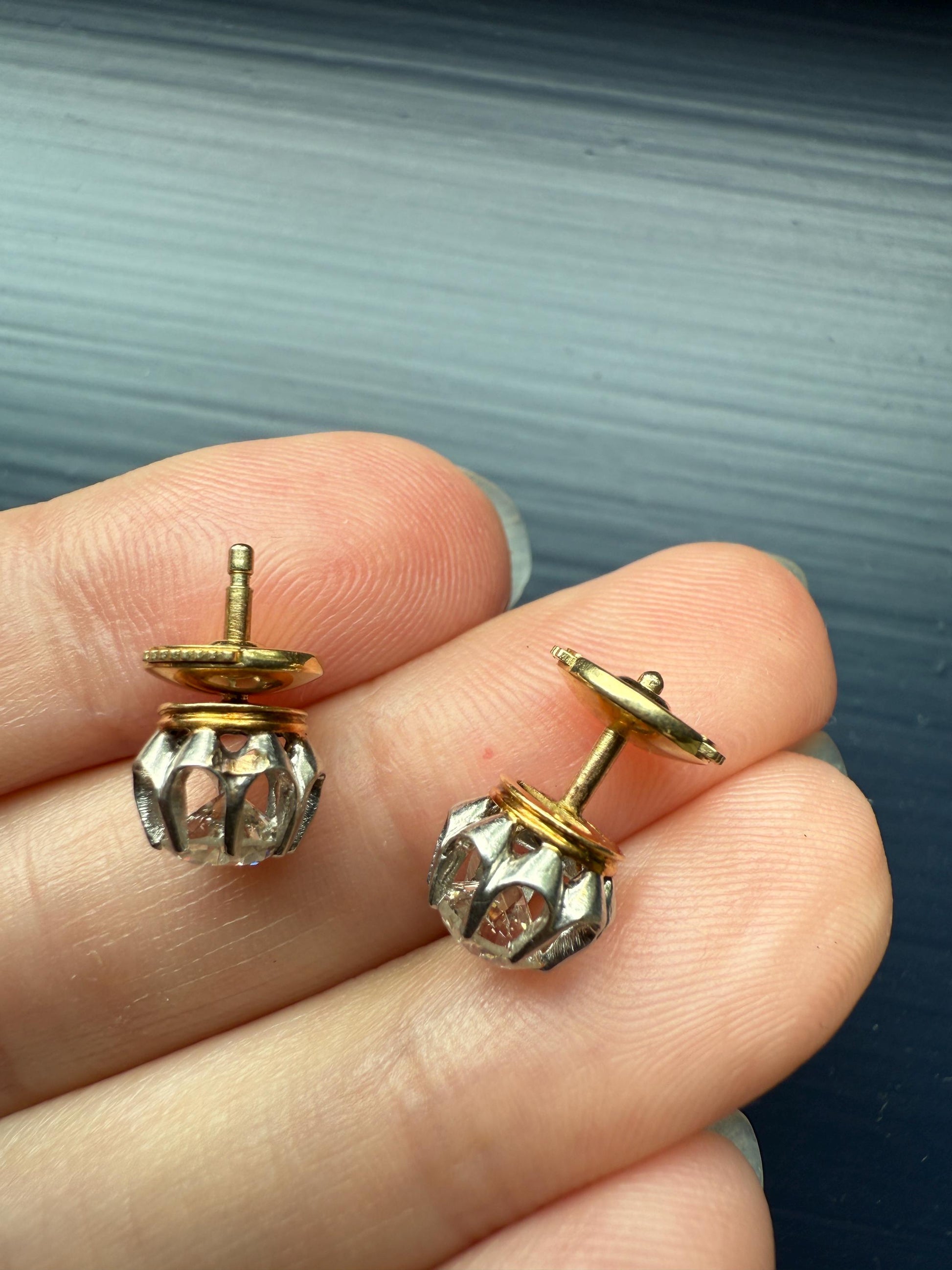 Antique 1 Carat Tdw Old Mine Cut DIAMOND Buttercup Prong Stud Earrings French 18k Gold Romantic Gift Earstack Victorian Belle Epoque 1Ct OMC