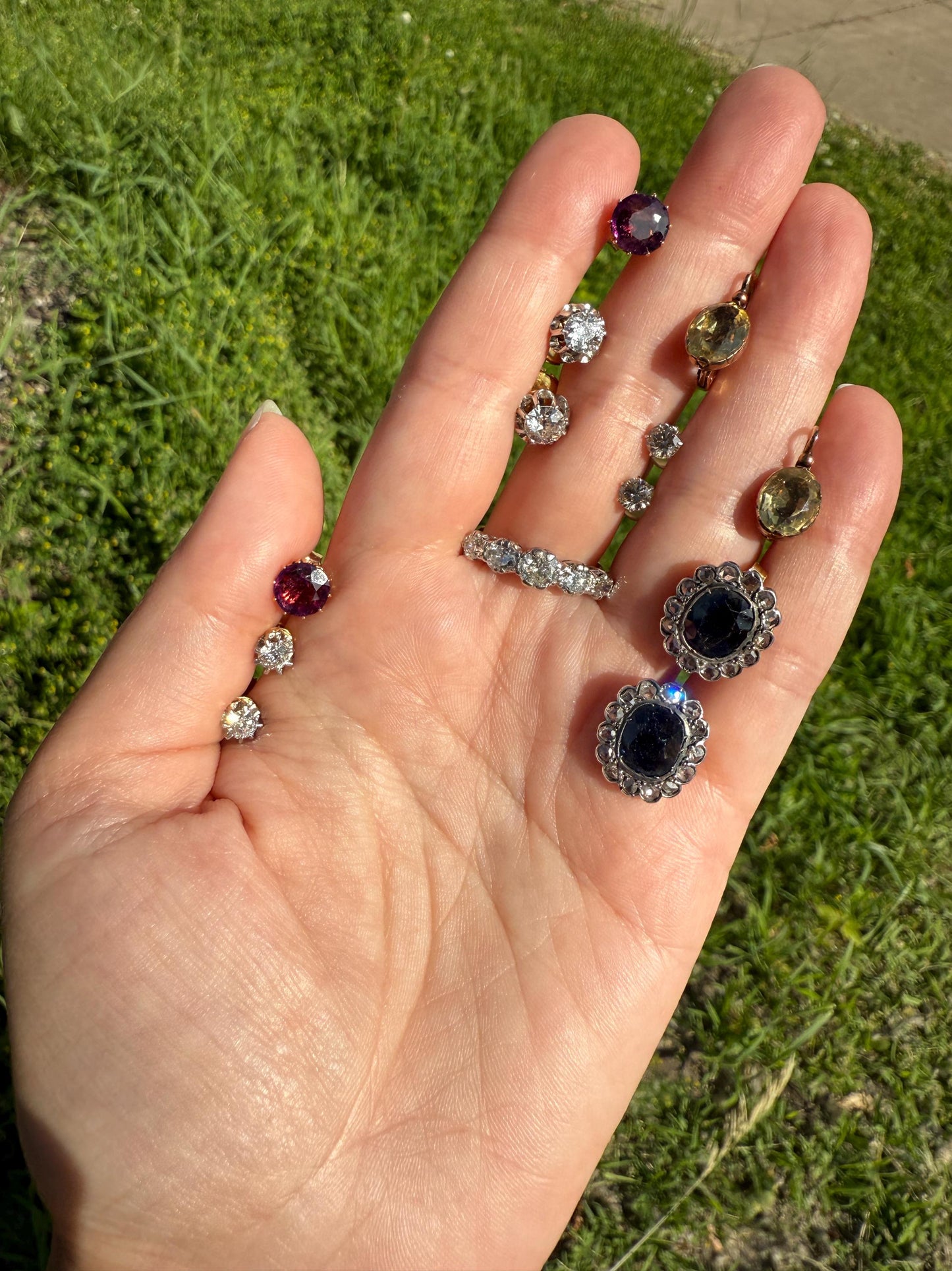 ANTIQUE Oval Natural SAPPHIRE Rose Cut DIAMOND Halo Large Stud Earrings 18k Gold Silver Topped Ornate Scalloped Something Old Blue Bridal