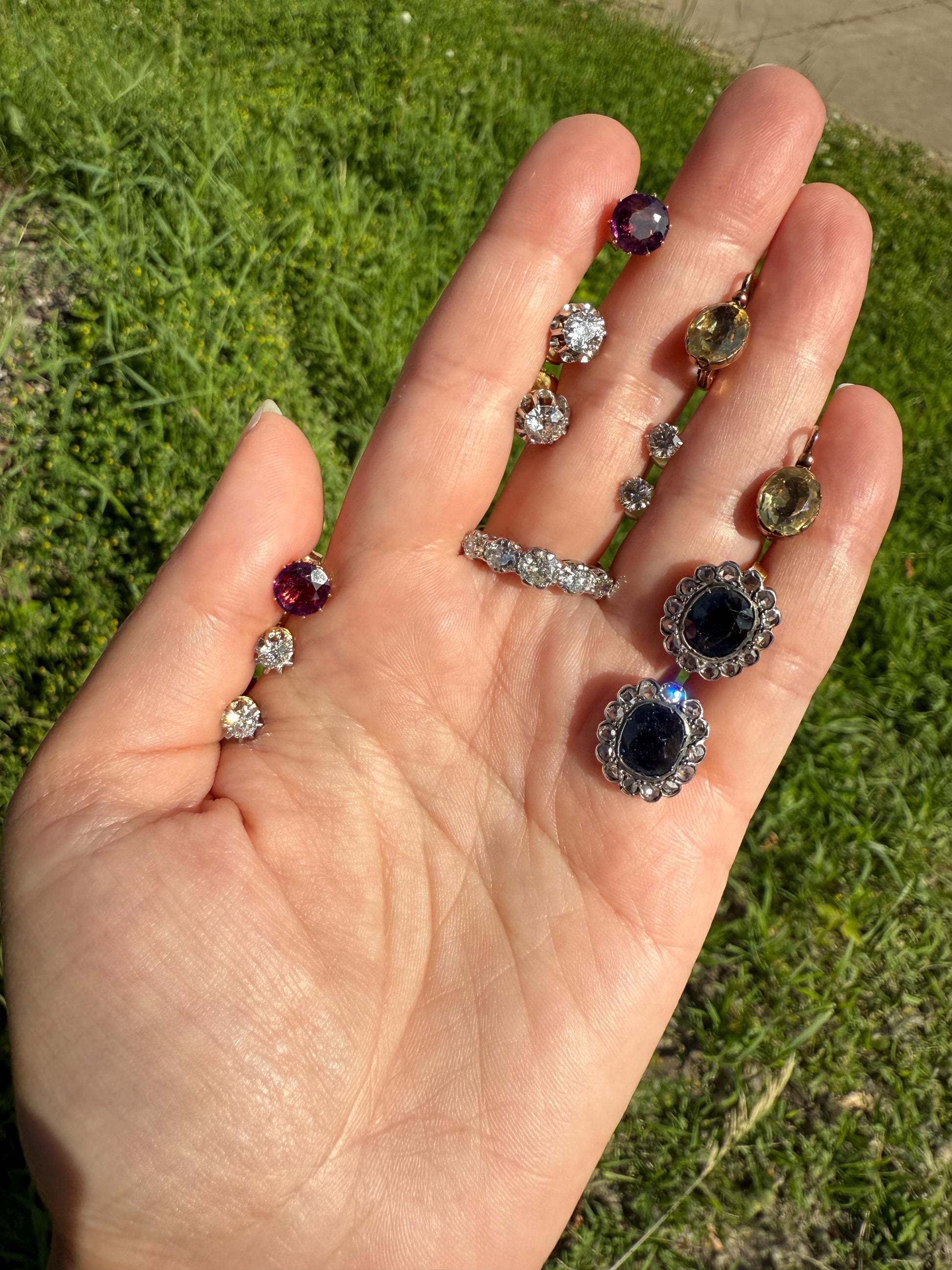 ANTIQUE Oval Natural SAPPHIRE Rose Cut DIAMOND Halo Large Stud Earrings 18k Gold Silver Topped Ornate Scalloped Something Old Blue Bridal
