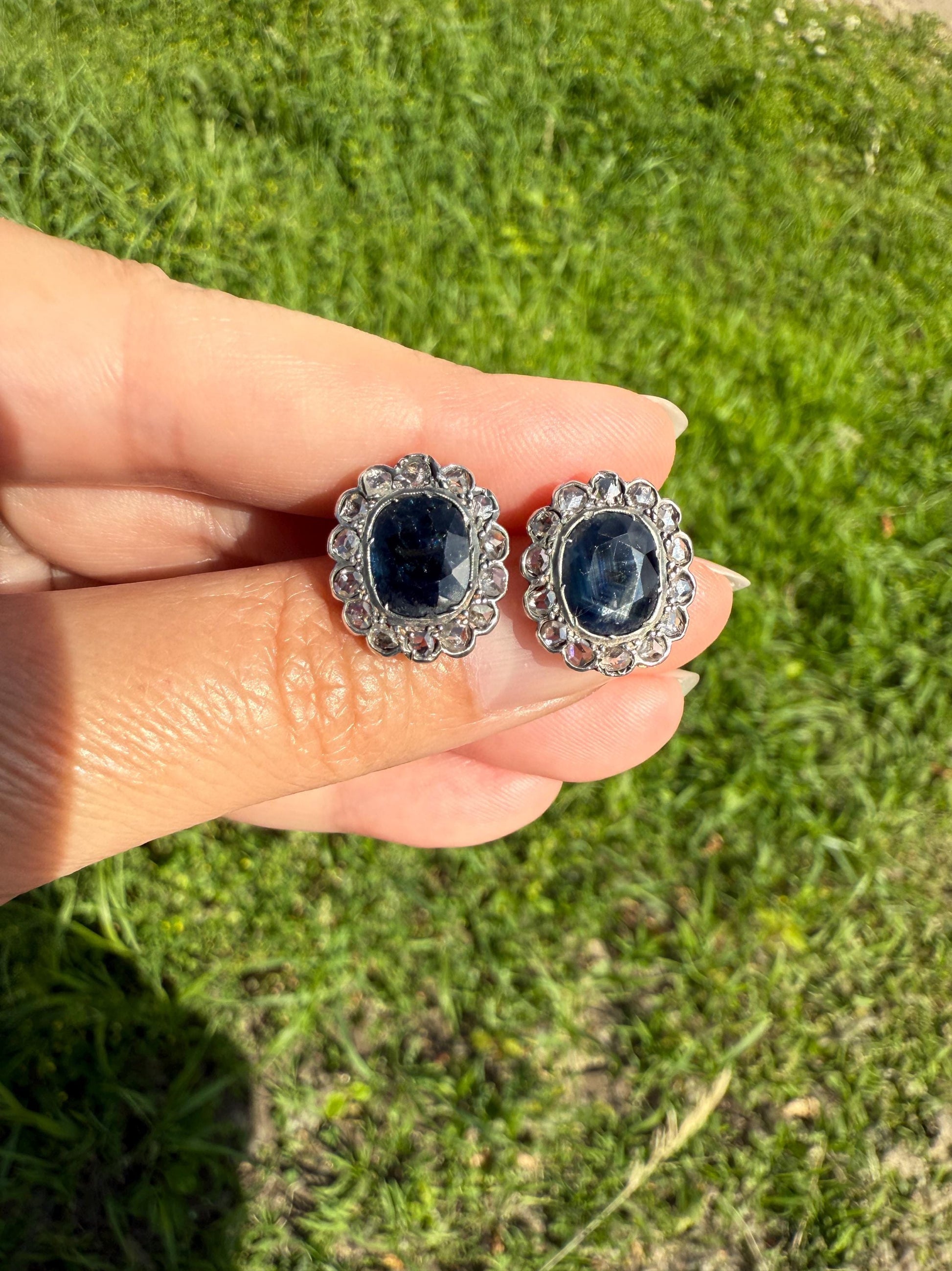 ANTIQUE Oval Natural SAPPHIRE Rose Cut DIAMOND Halo Large Stud Earrings 18k Gold Silver Topped Ornate Scalloped Something Old Blue Bridal