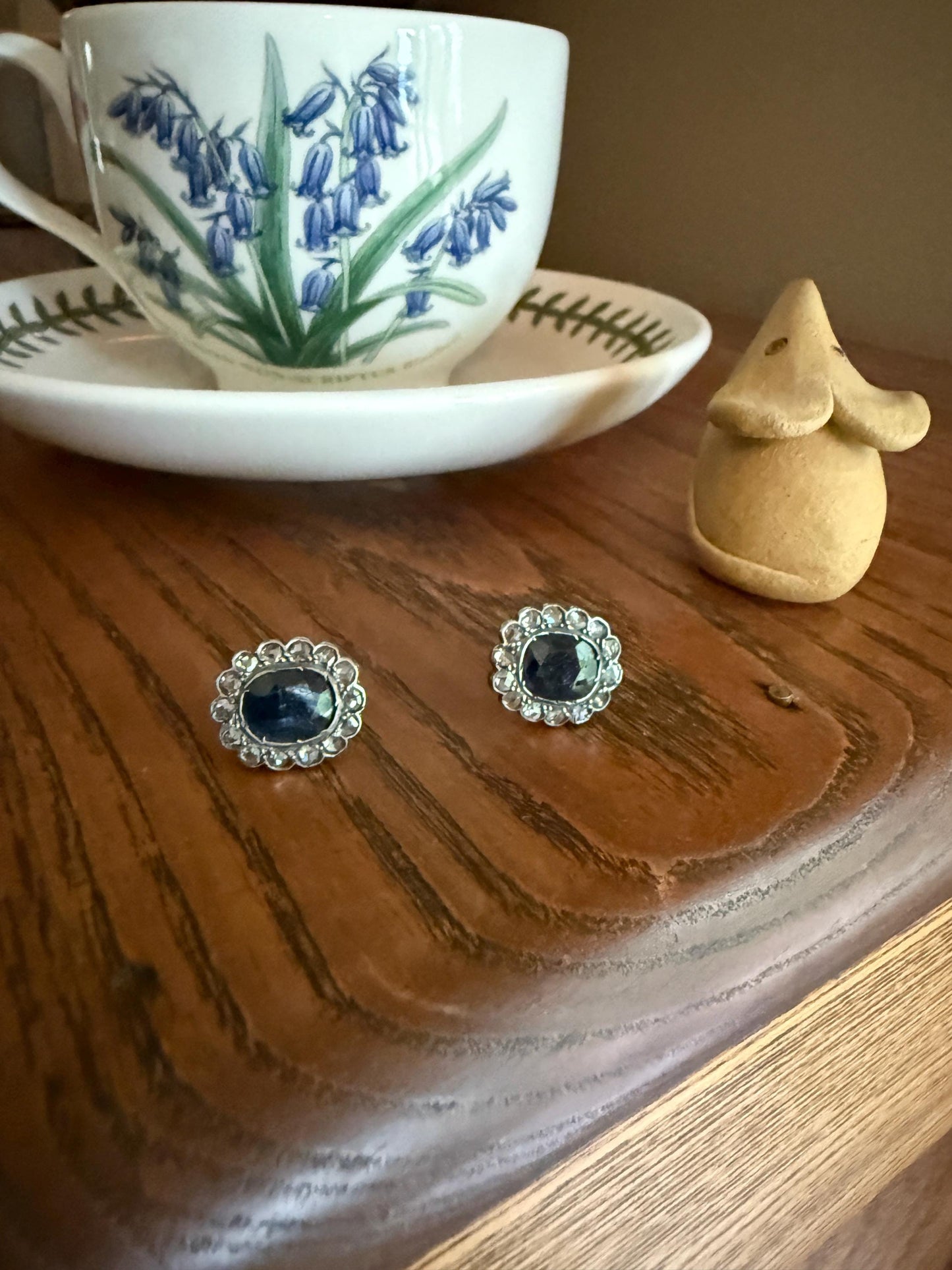ANTIQUE Oval Natural SAPPHIRE Rose Cut DIAMOND Halo Large Stud Earrings 18k Gold Silver Topped Ornate Scalloped Something Old Blue Bridal