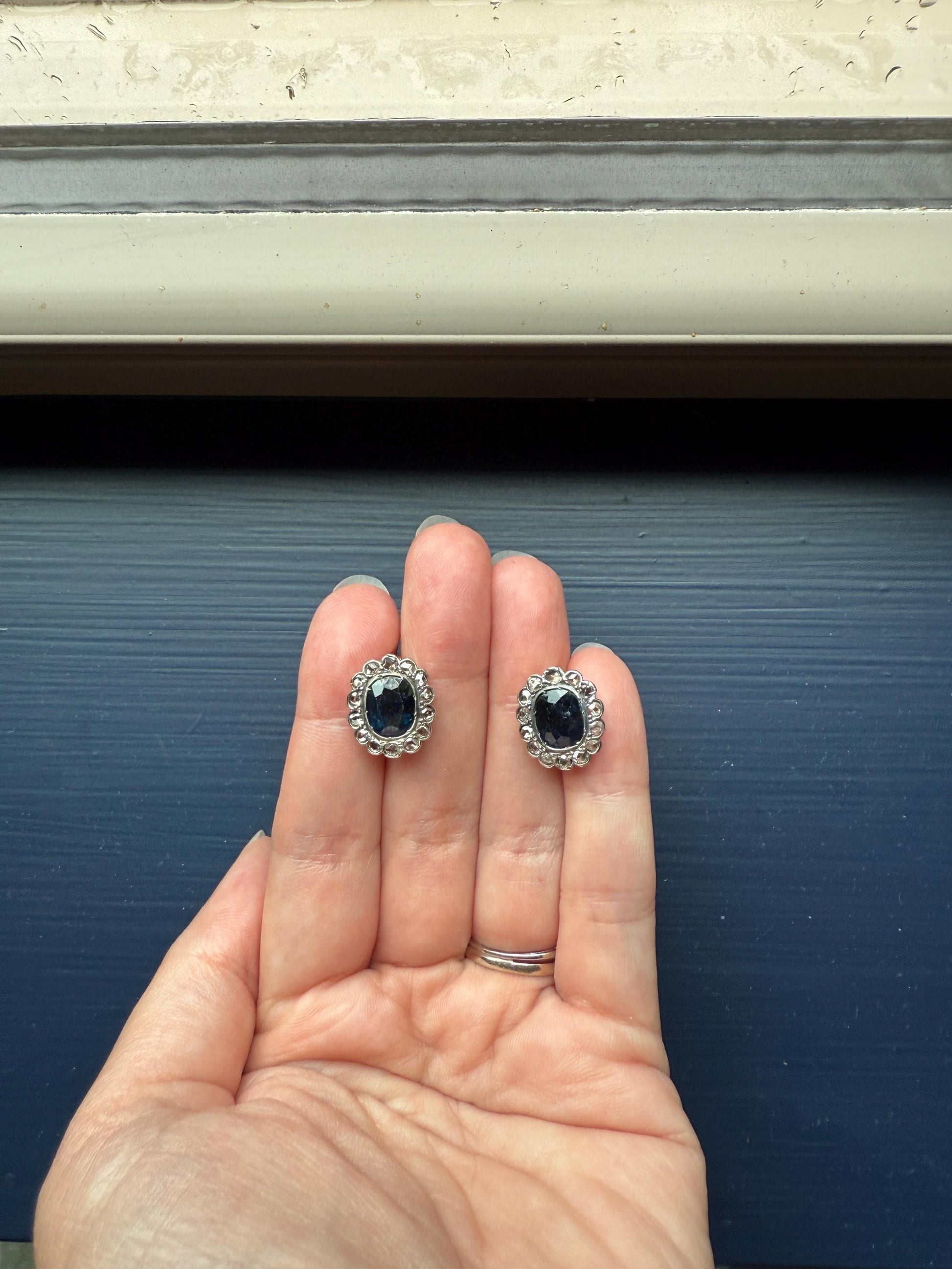 ANTIQUE Oval Natural SAPPHIRE Rose Cut DIAMOND Halo Large Stud Earrings 18k Gold Silver Topped Ornate Scalloped Something Old Blue Bridal