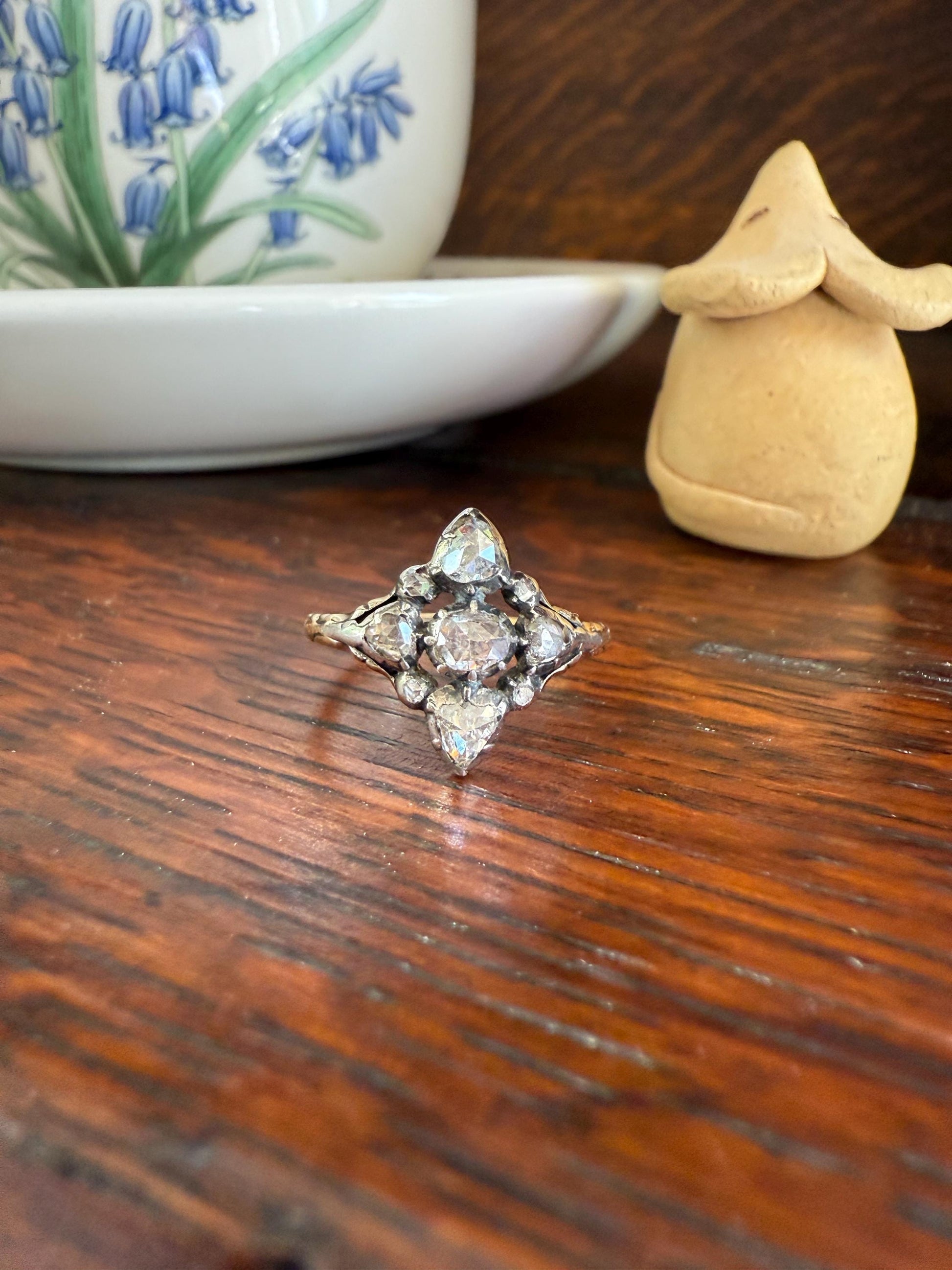 Cruciform PEAR Domed Triangular Rose Cut DIAMOND Ring Victorian Antique 14k Gold Silver Collets Georgian Revival Embossed Shank