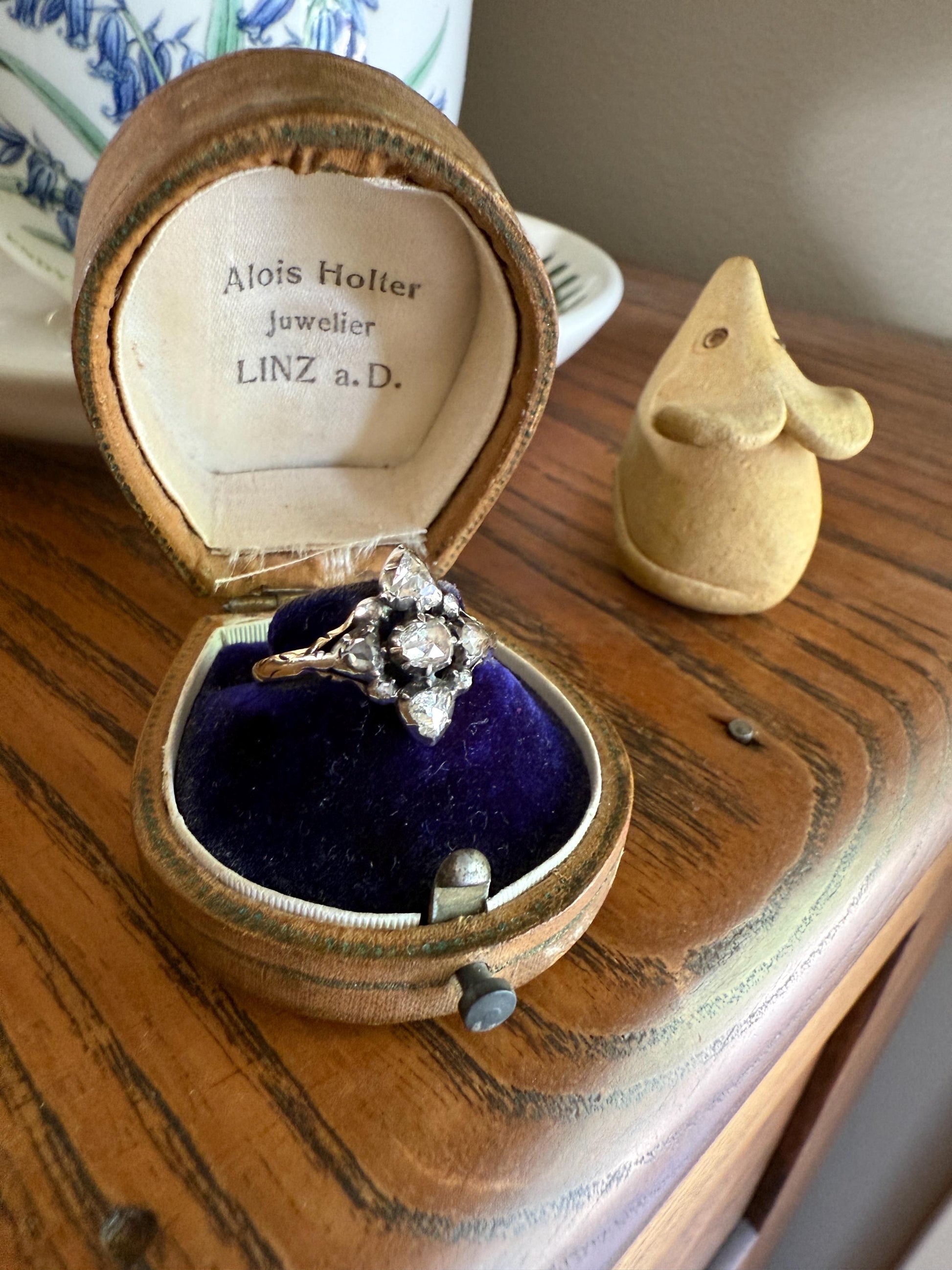 Cruciform PEAR Domed Triangular Rose Cut DIAMOND Ring Victorian Antique 14k Gold Silver Collets Georgian Revival Embossed Shank