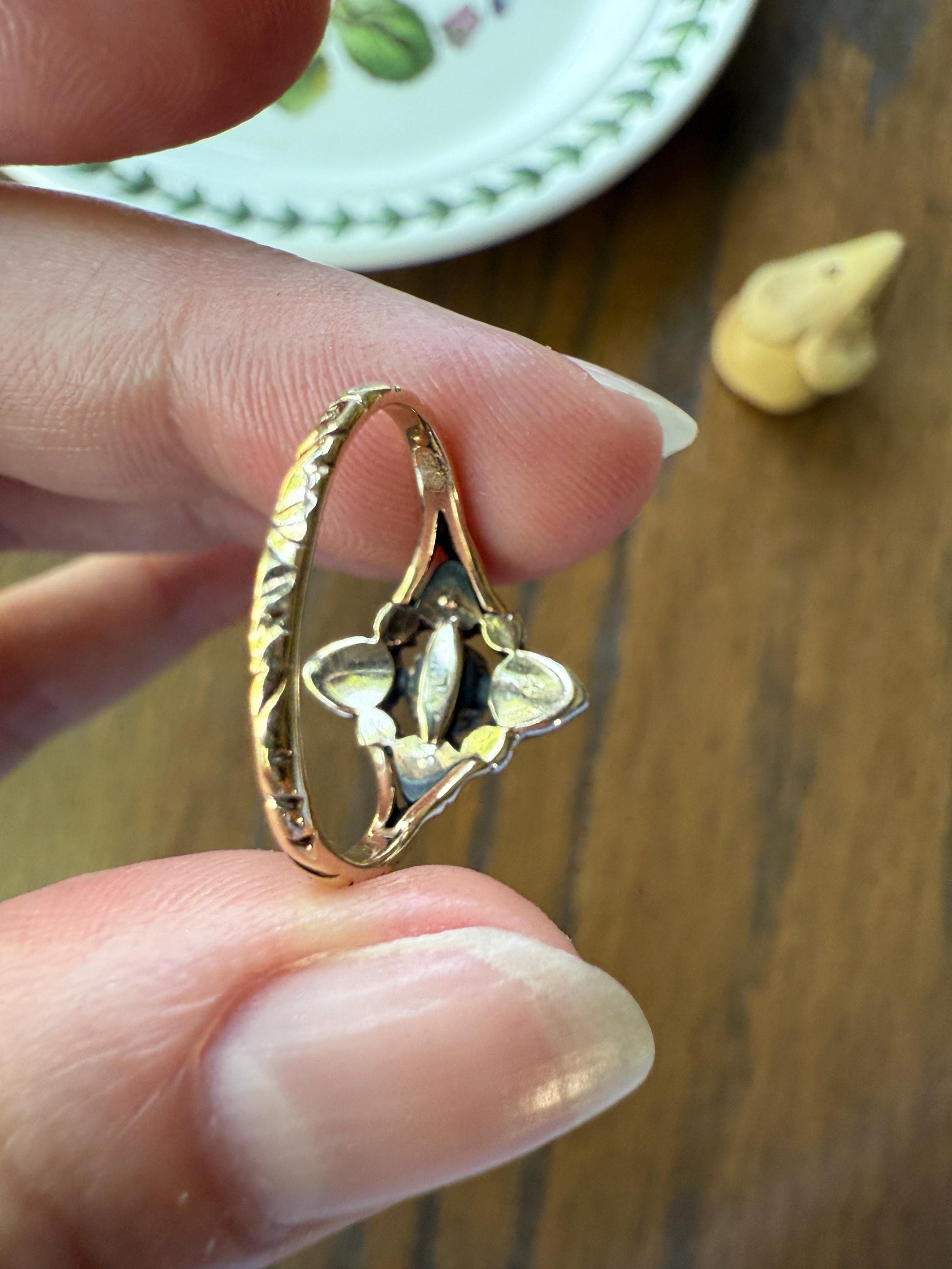 Cruciform PEAR Domed Triangular Rose Cut DIAMOND Ring Victorian Antique 14k Gold Silver Collets Georgian Revival Embossed Shank