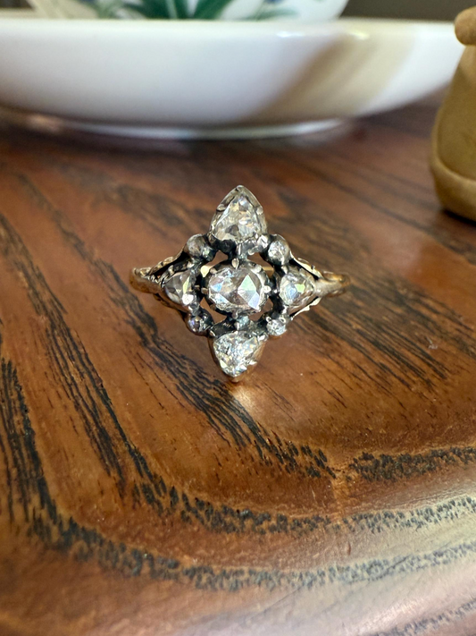 Cruciform PEAR Domed Triangular Rose Cut DIAMOND Ring Victorian Antique 14k Gold Silver Collets Georgian Revival Embossed Shank